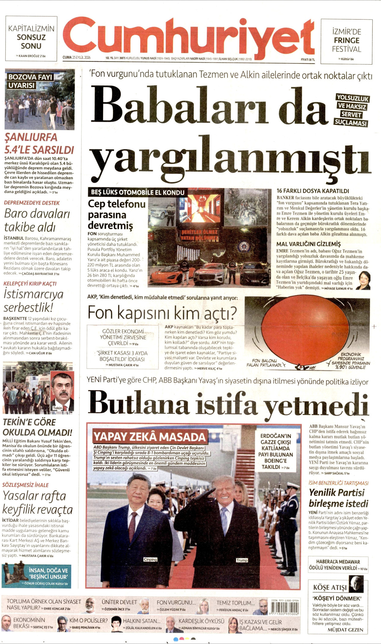 CUMHURİYET gazetesinin 25 Eylül 2026 tarihli birinci sayfası