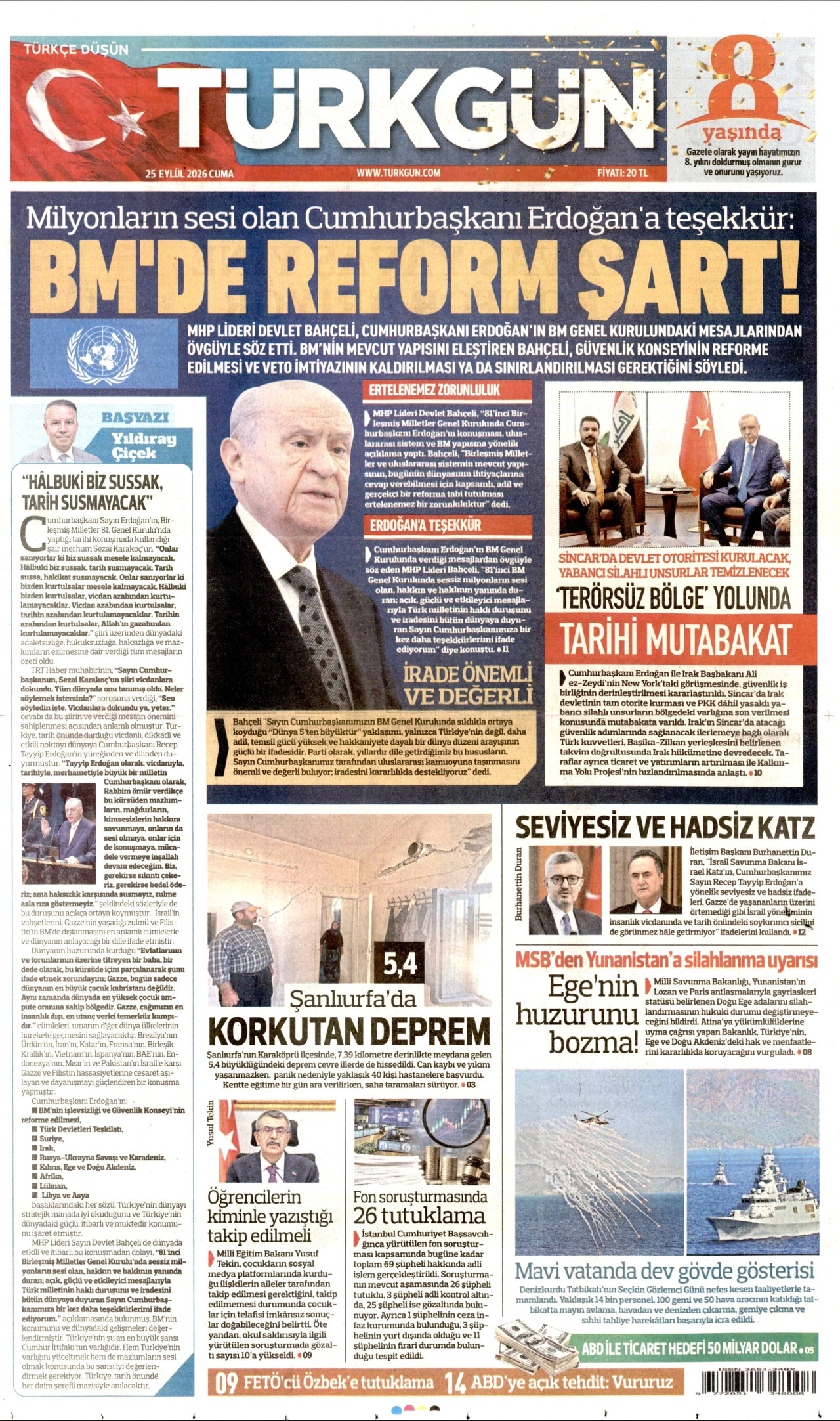 TÜRKGÜN gazetesinin 25 Eylül 2026 tarihli birinci sayfası