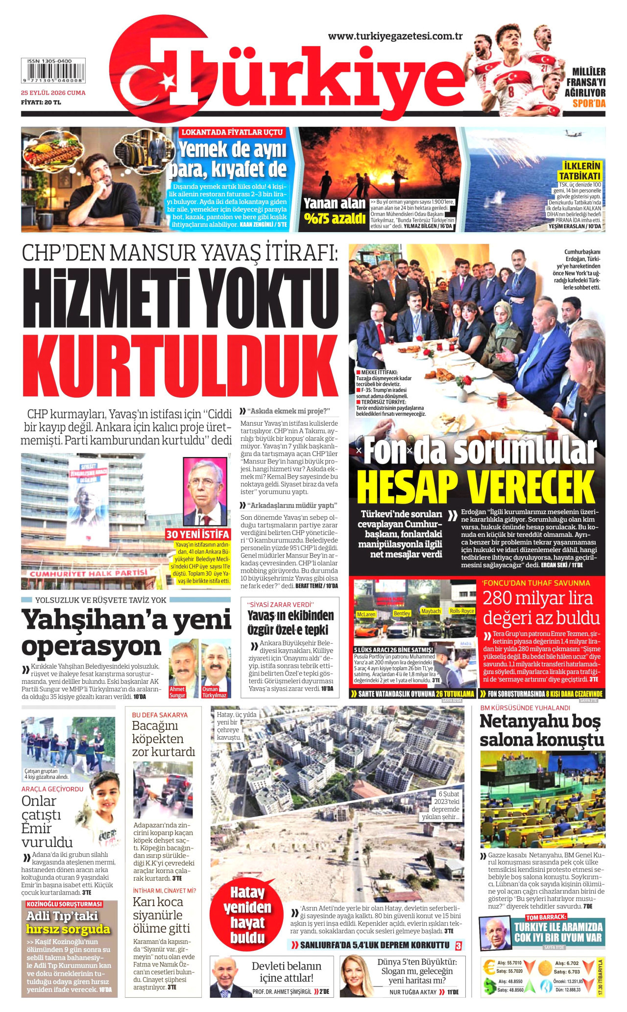 TÜRKİYE GAZETESİ gazetesinin 25 Eylül 2026 tarihli birinci sayfası