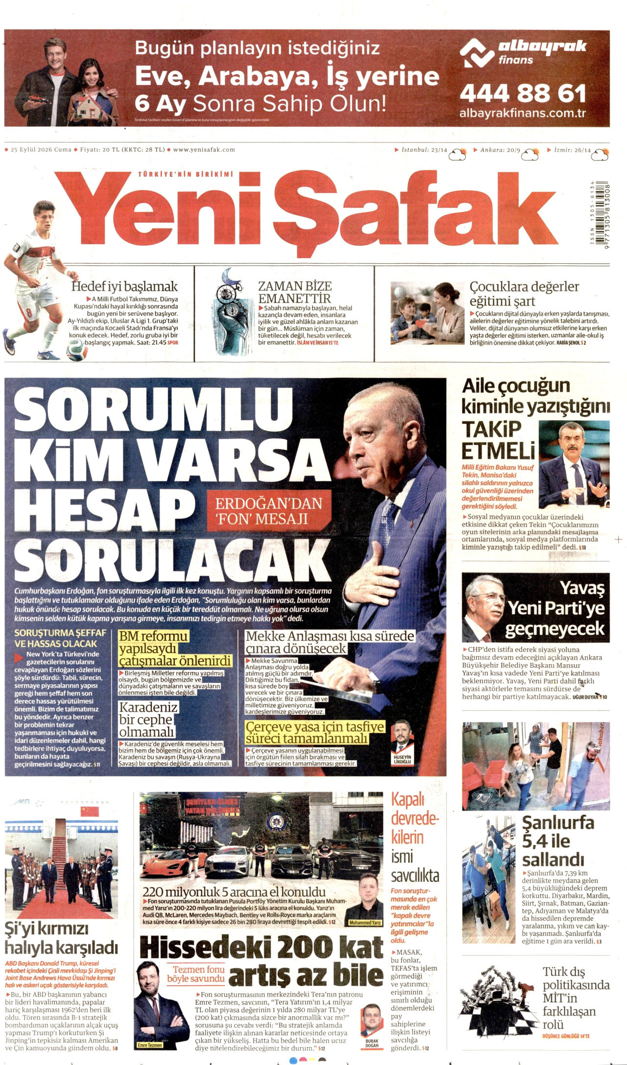 YENİ ŞAFAK gazetesinin 25 Eylül 2026 tarihli birinci sayfası