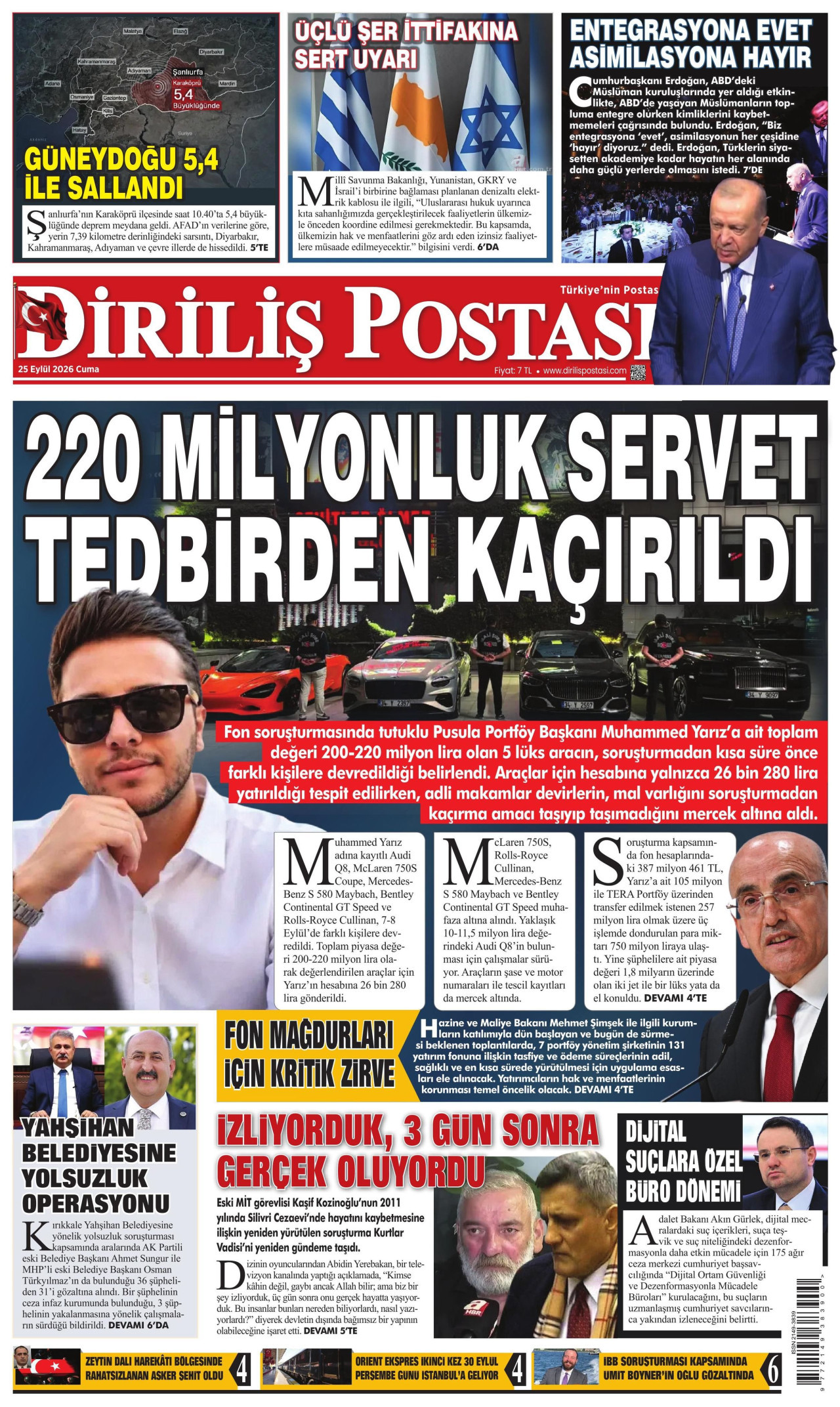 DİRİLİŞ POSTASI gazetesinin 25 Eylül 2026 tarihli birinci sayfası