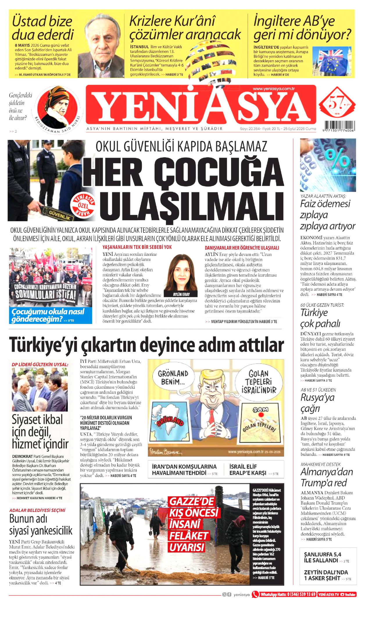 YENİ ASYA gazetesinin 25 Eylül 2026 tarihli birinci sayfası