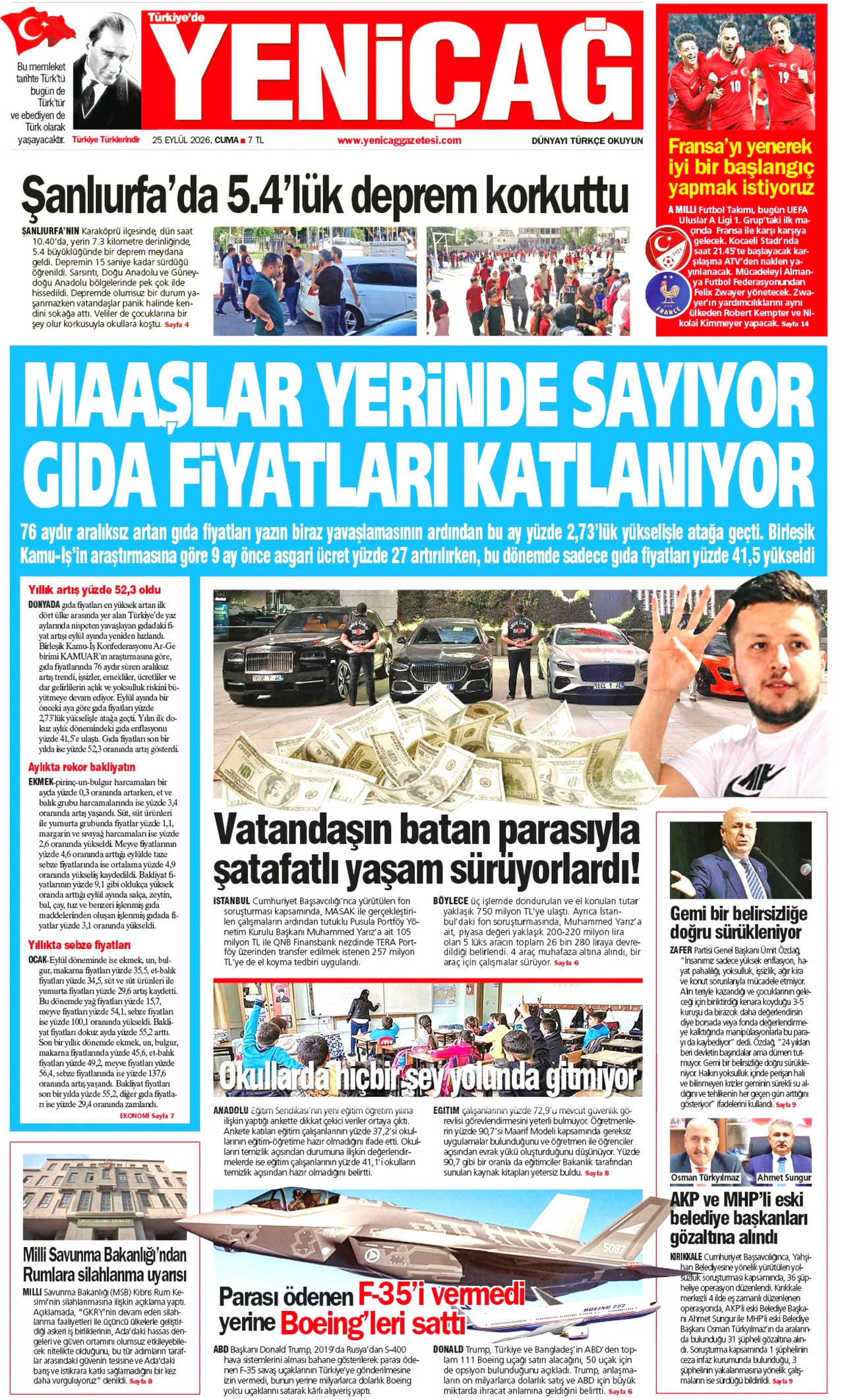 YENİÇAĞ gazetesinin 25 Eylül 2026 tarihli birinci sayfası