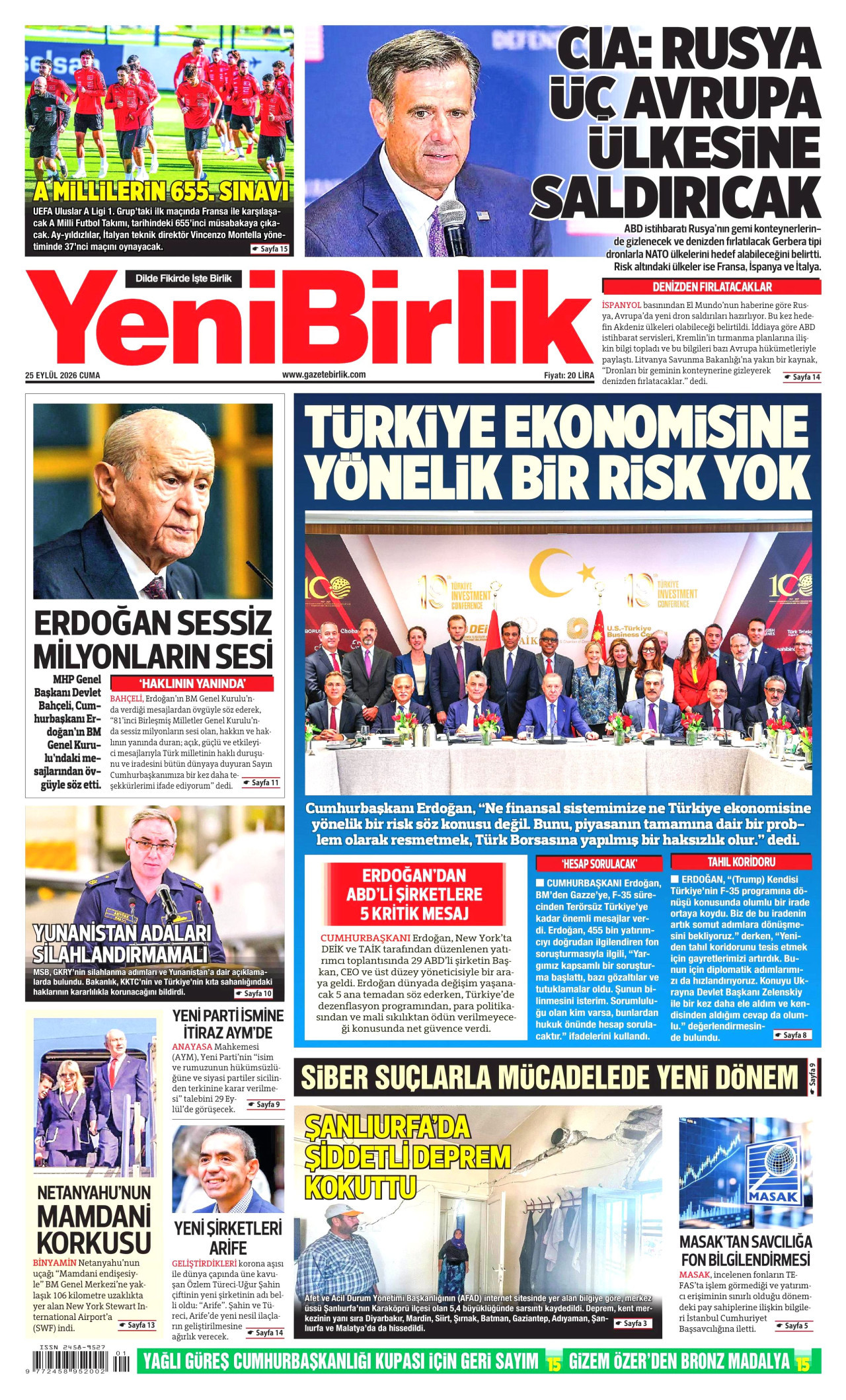 YENİBİRLİK gazetesinin 25 Eylül 2026 tarihli birinci sayfası
