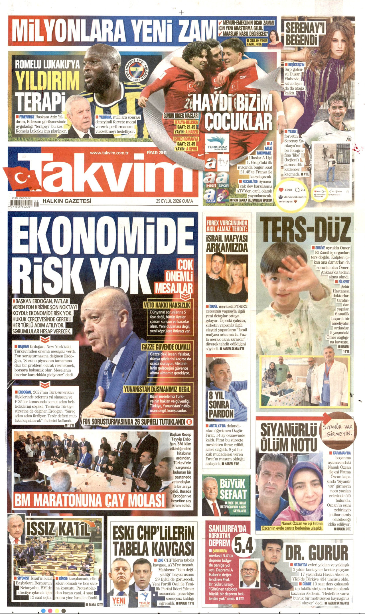 TAKVİM gazetesinin 25 Eylül 2026 tarihli birinci sayfası