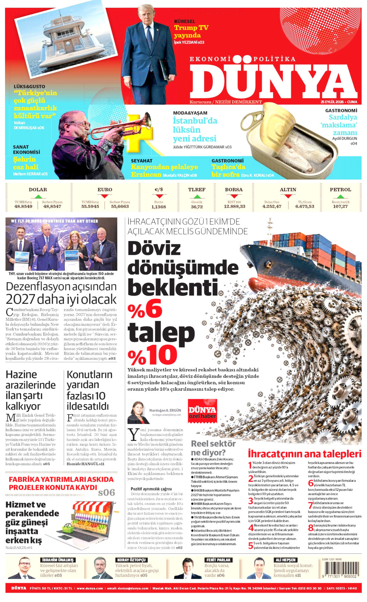DÜNYA gazetesinin 25 Eylül 2026 tarihli birinci sayfası