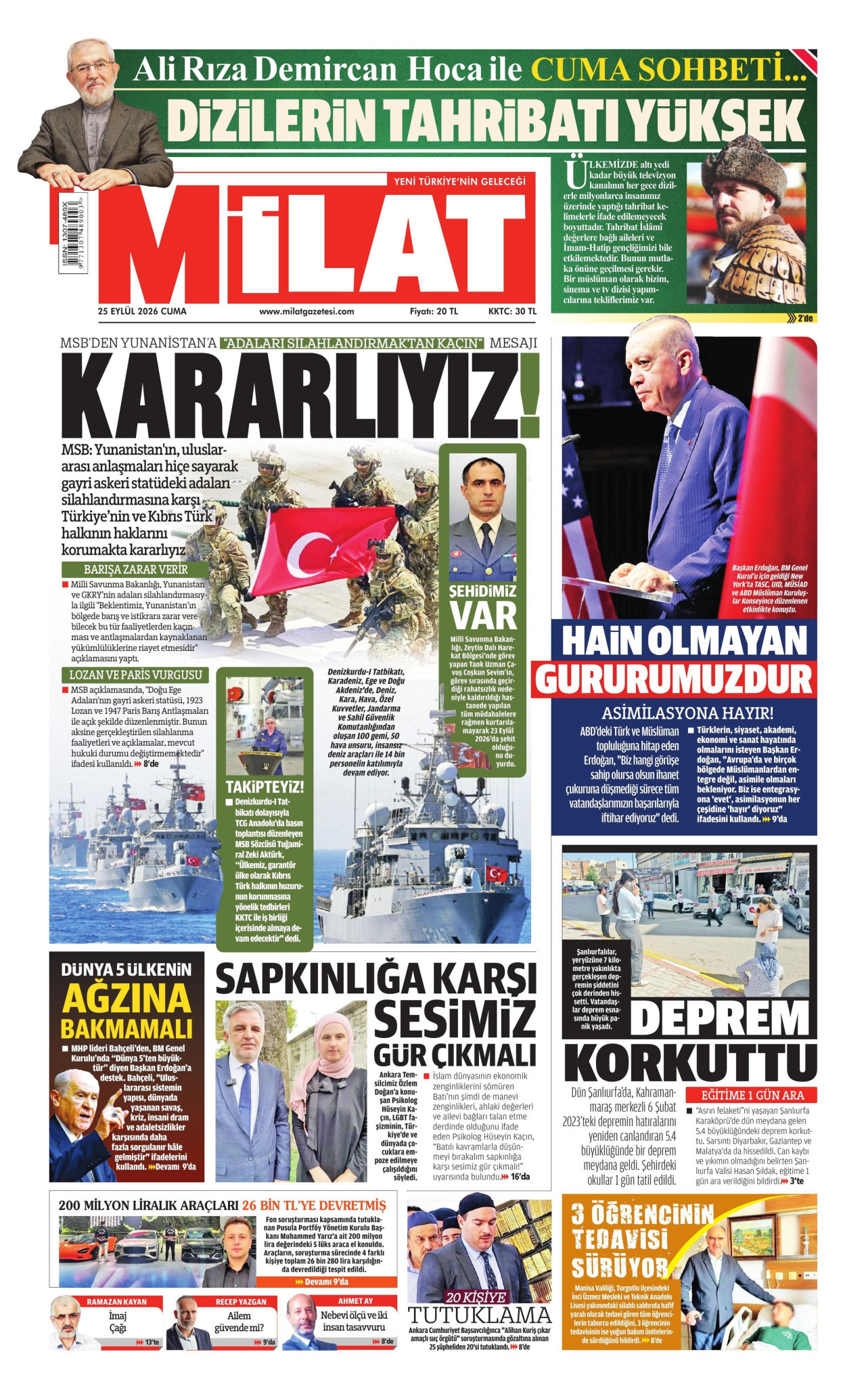 MİLAT gazetesinin 25 Eylül 2026 tarihli birinci sayfası
