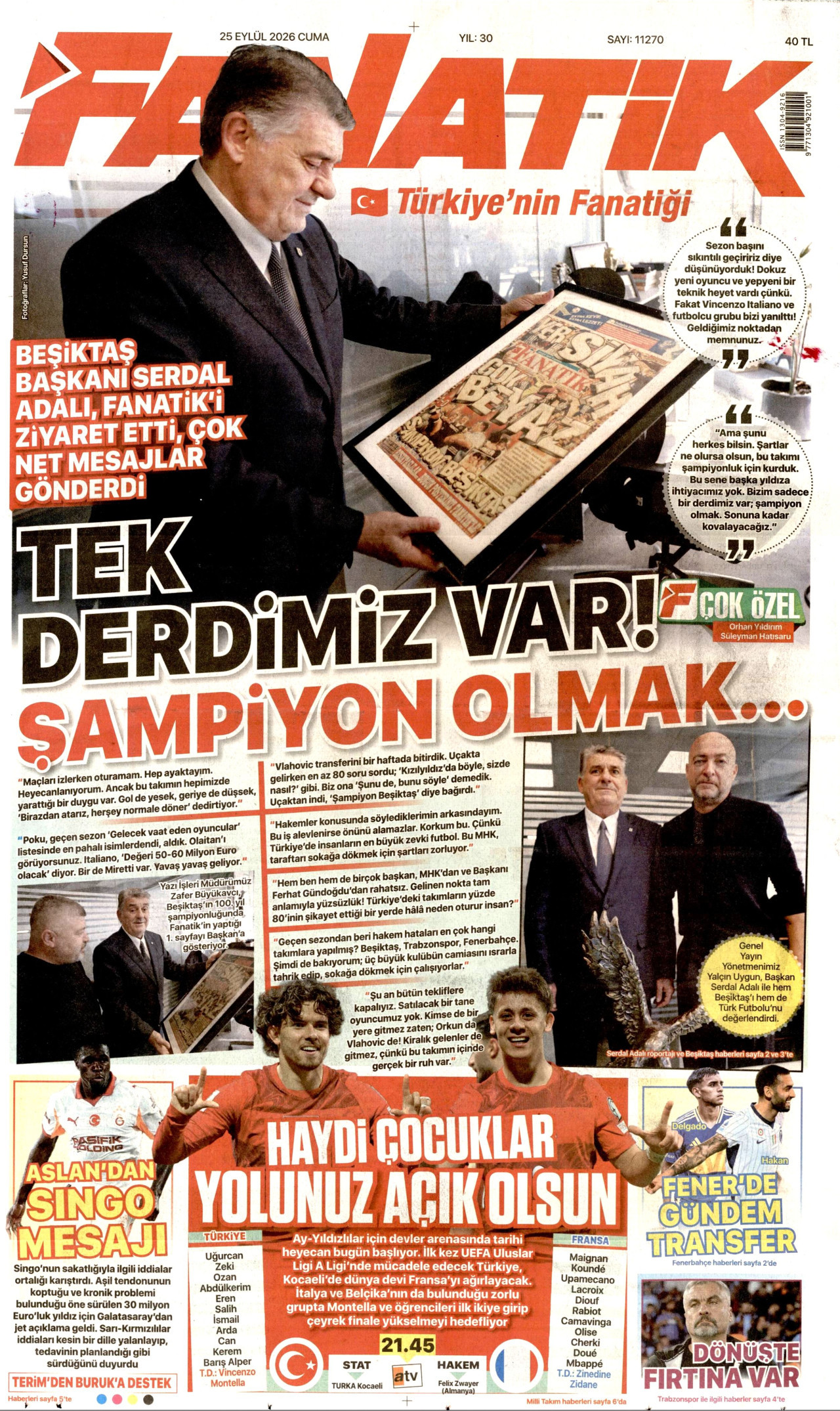 FANATİK gazetesinin 25 Eylül 2026 tarihli birinci sayfası