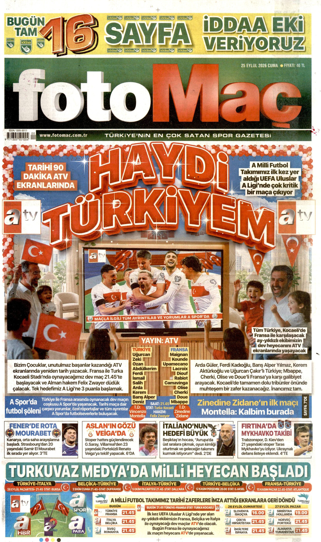 FOTOMAÇ gazetesinin 25 Eylül 2026 tarihli birinci sayfası