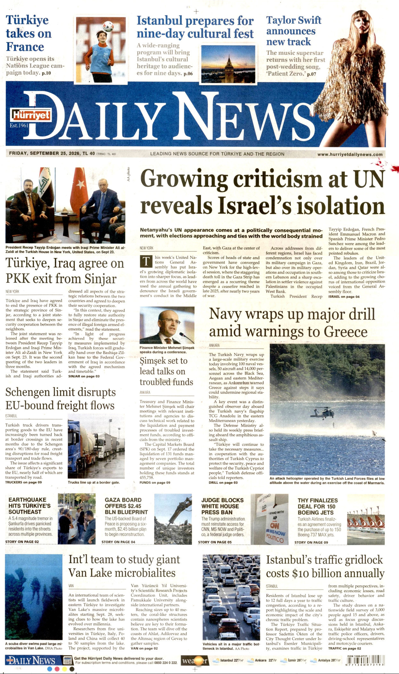 HÜRRİYET DAİLY NEWS gazetesinin 25 Eylül 2026 tarihli birinci sayfası