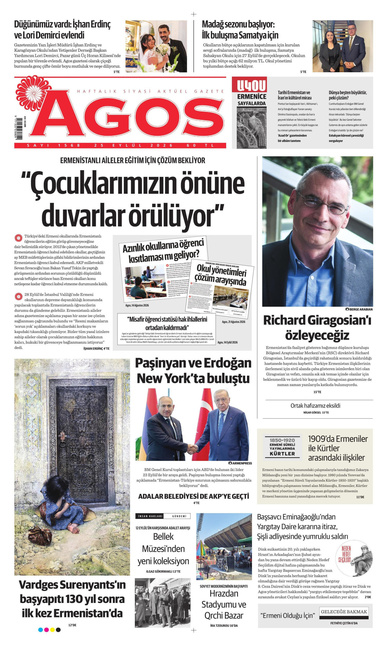 AGOS gazetesinin 25 Eylül 2026 tarihli birinci sayfası