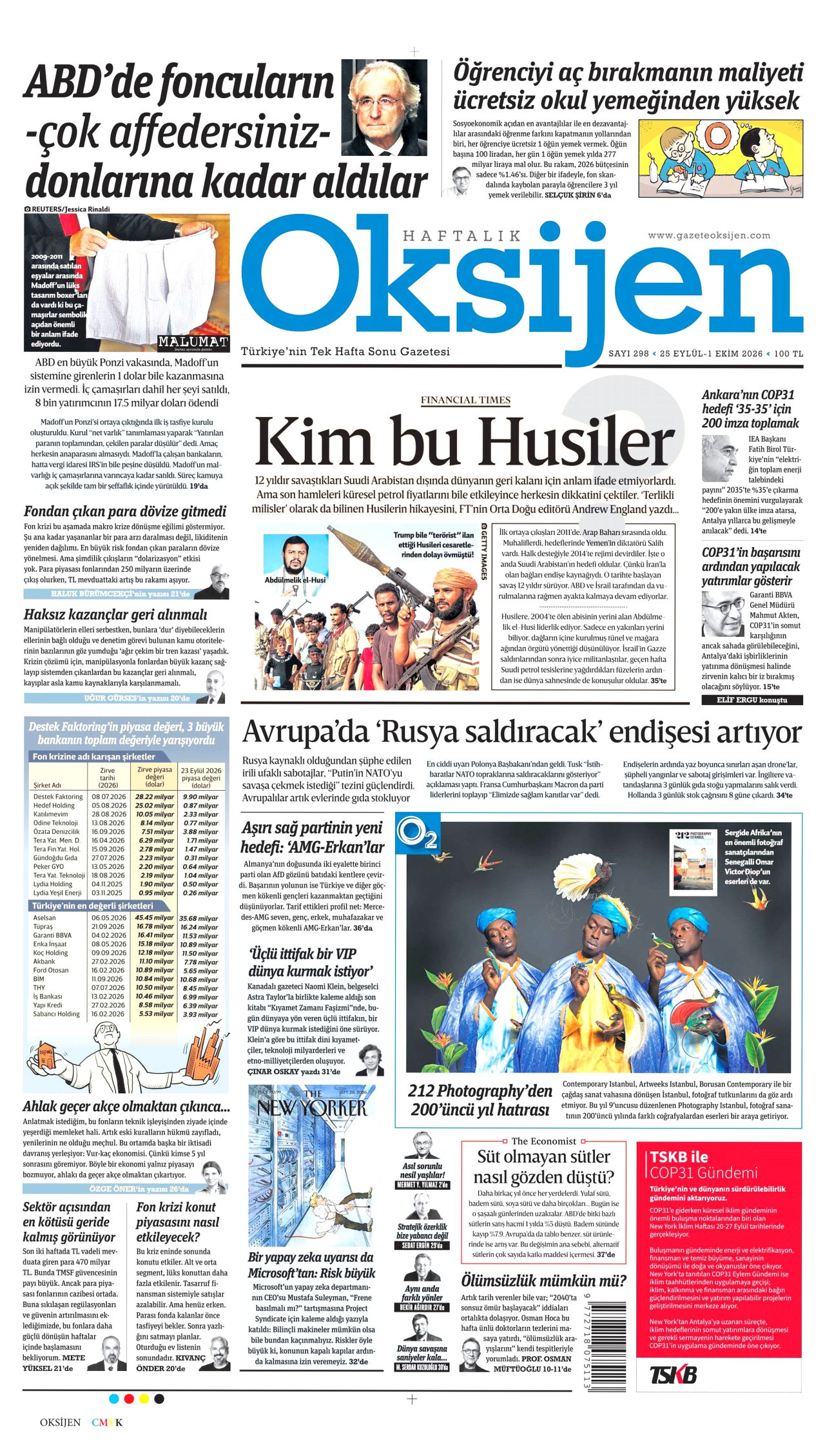 OKSİJEN gazetesinin 25 Eylül 2026 tarihli birinci sayfası