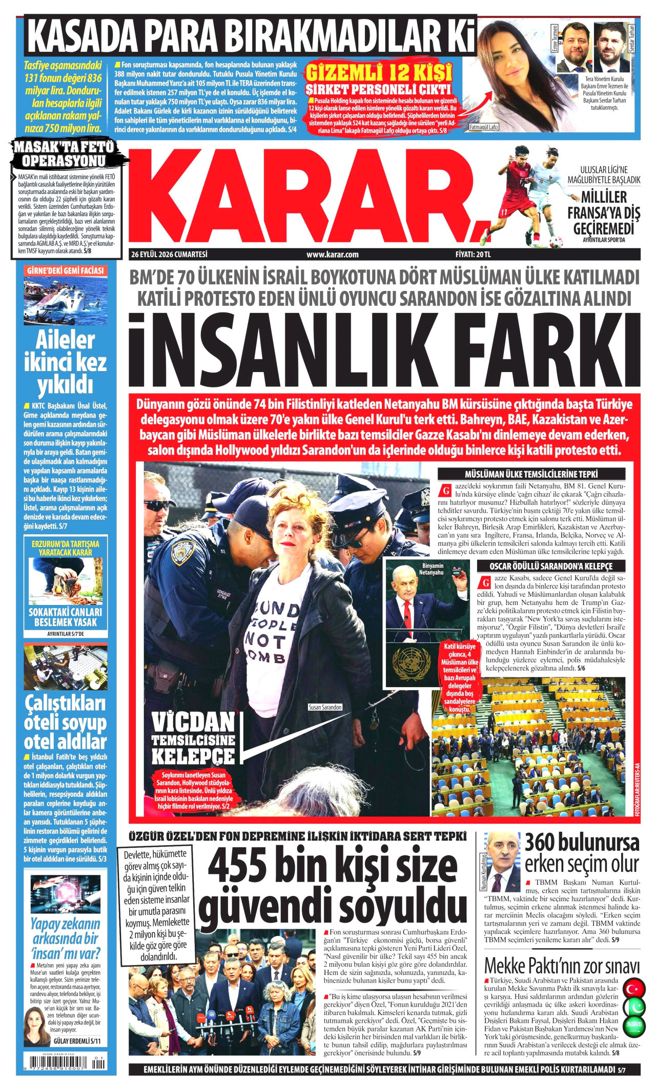 KARAR gazetesinin 26 Eylül 2026 tarihli birinci sayfası
