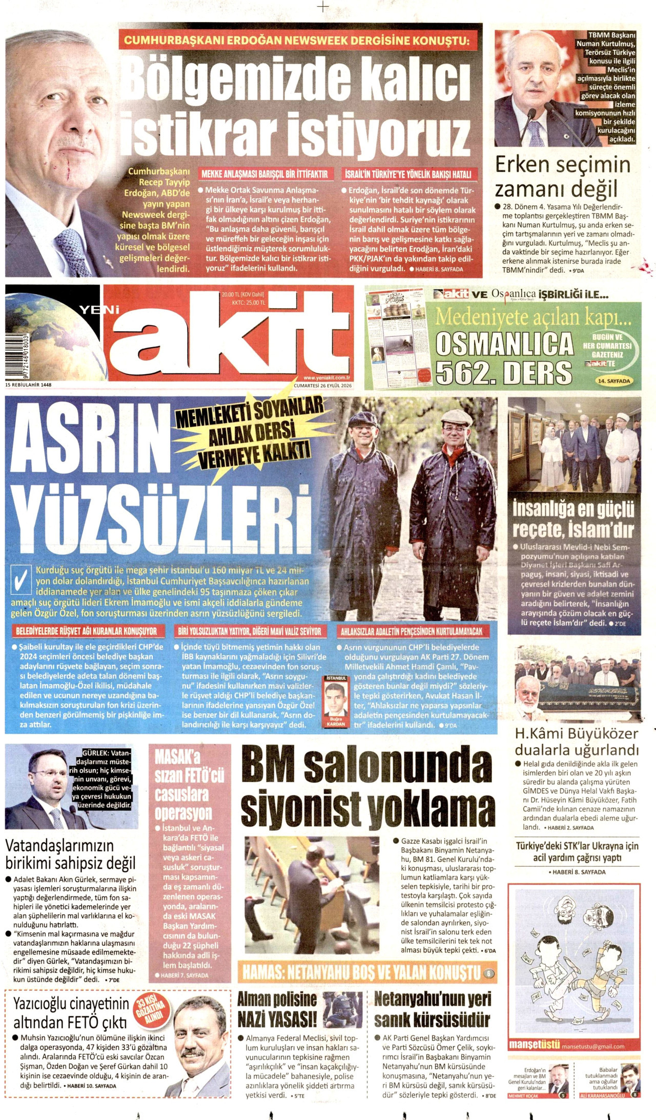 YENİ AKİT gazetesinin 26 Eylül 2026 tarihli birinci sayfası