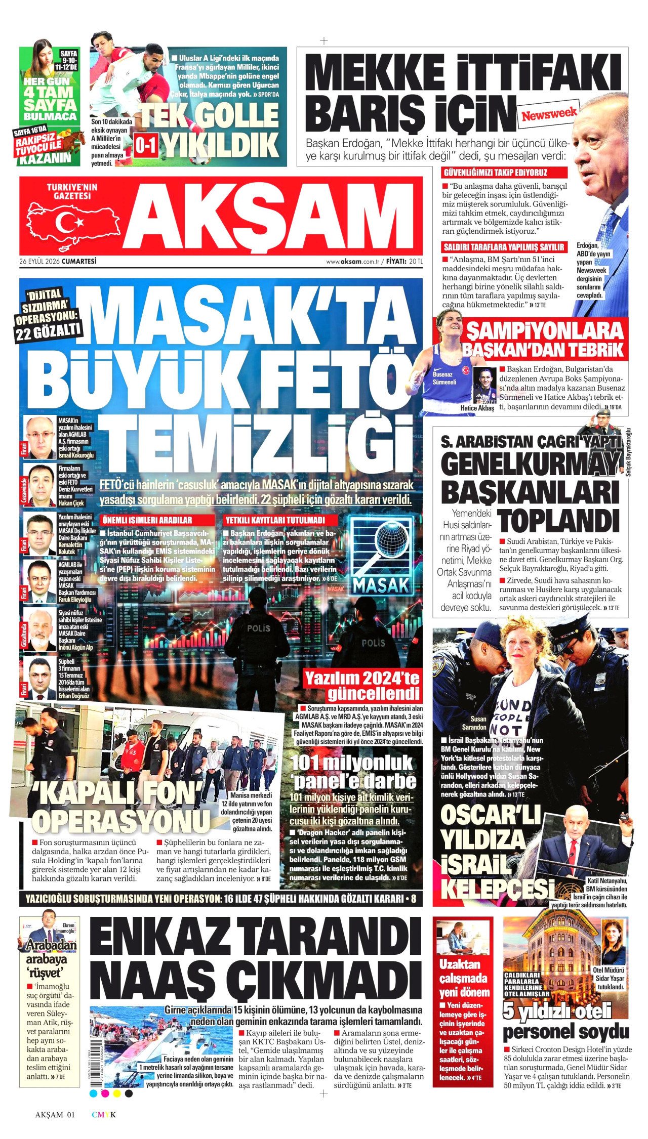 AKŞAM gazetesinin 26 Eylül 2026 tarihli birinci sayfası
