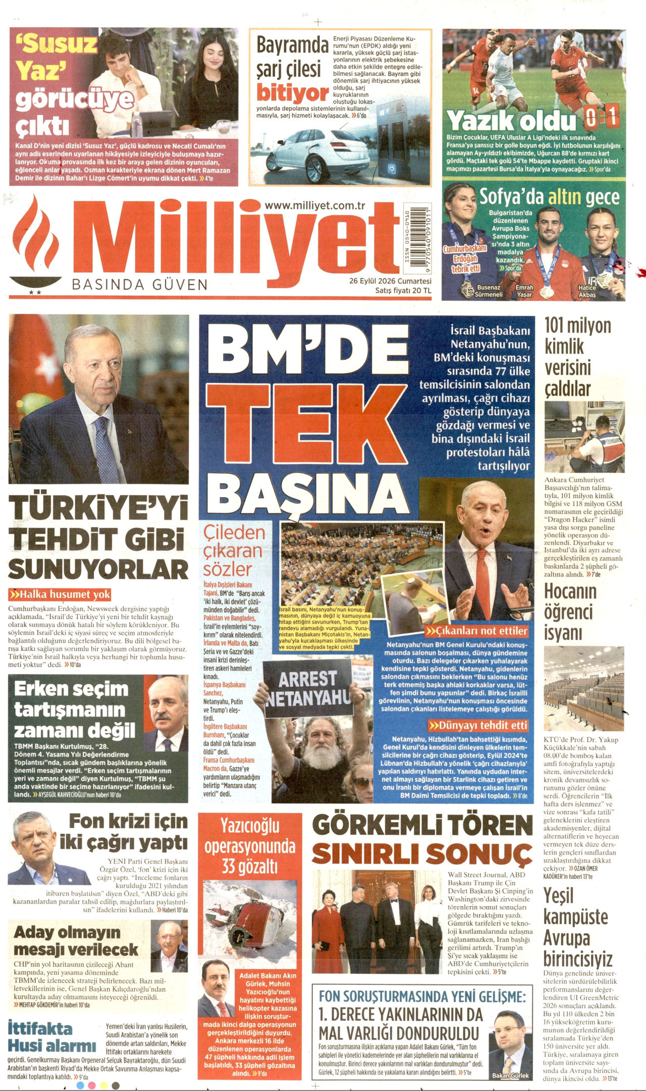 MİLLİYET gazetesinin 26 Eylül 2026 tarihli birinci sayfası