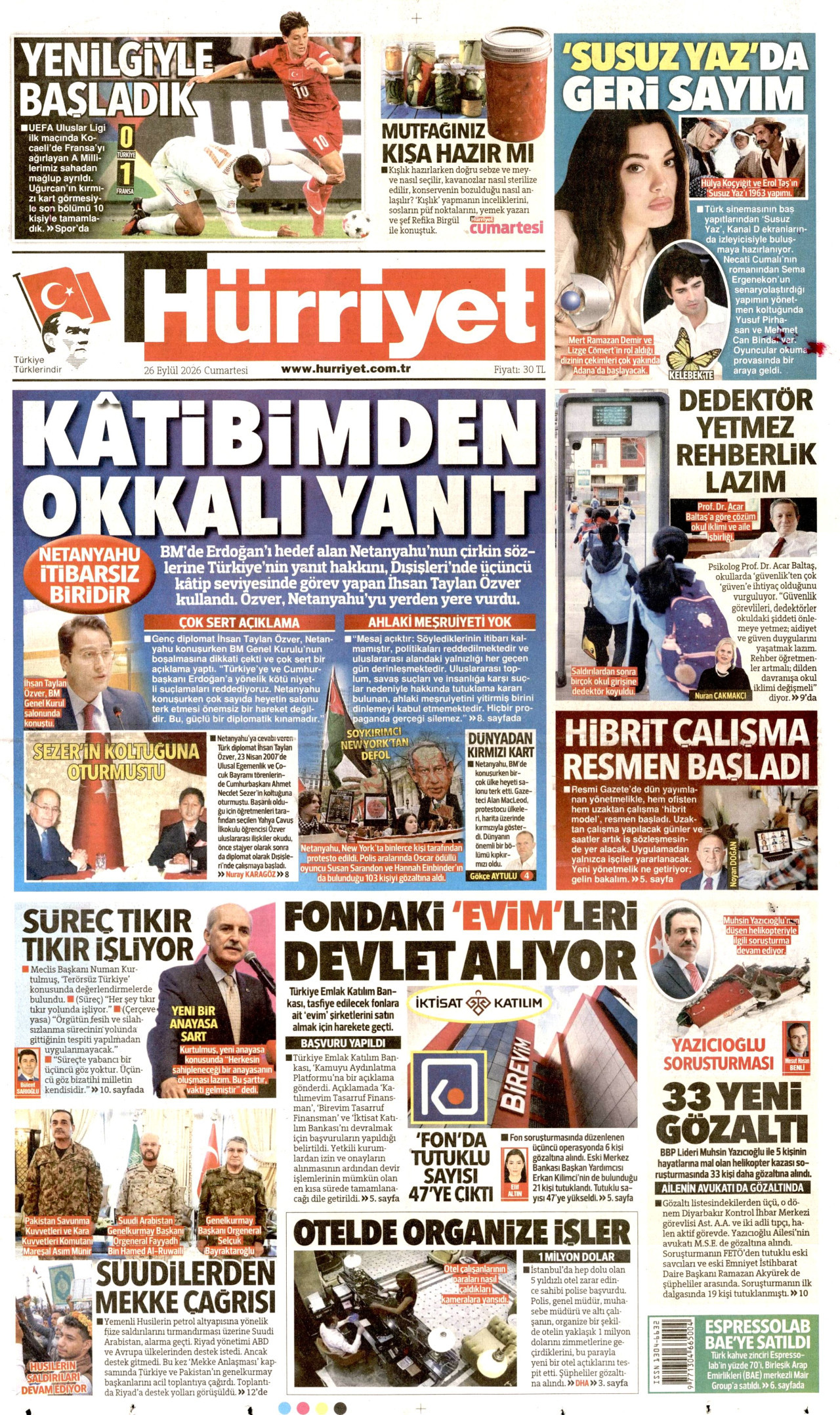 HÜRRİYET gazetesinin 26 Eylül 2026 tarihli birinci sayfası