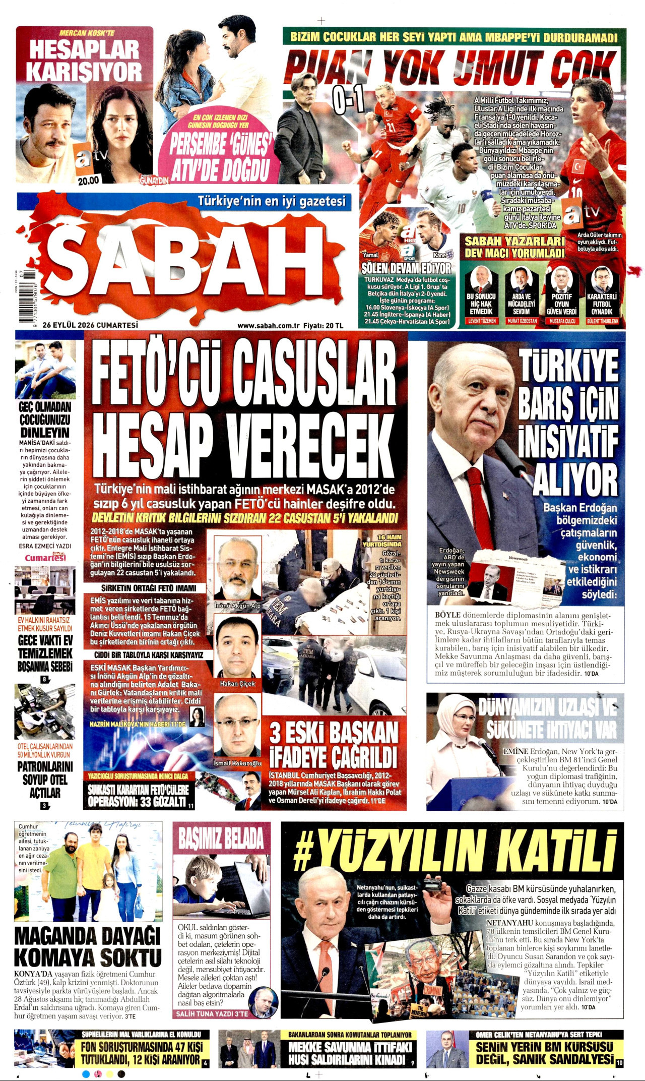SABAH gazetesinin 26 Eylül 2026 tarihli birinci sayfası