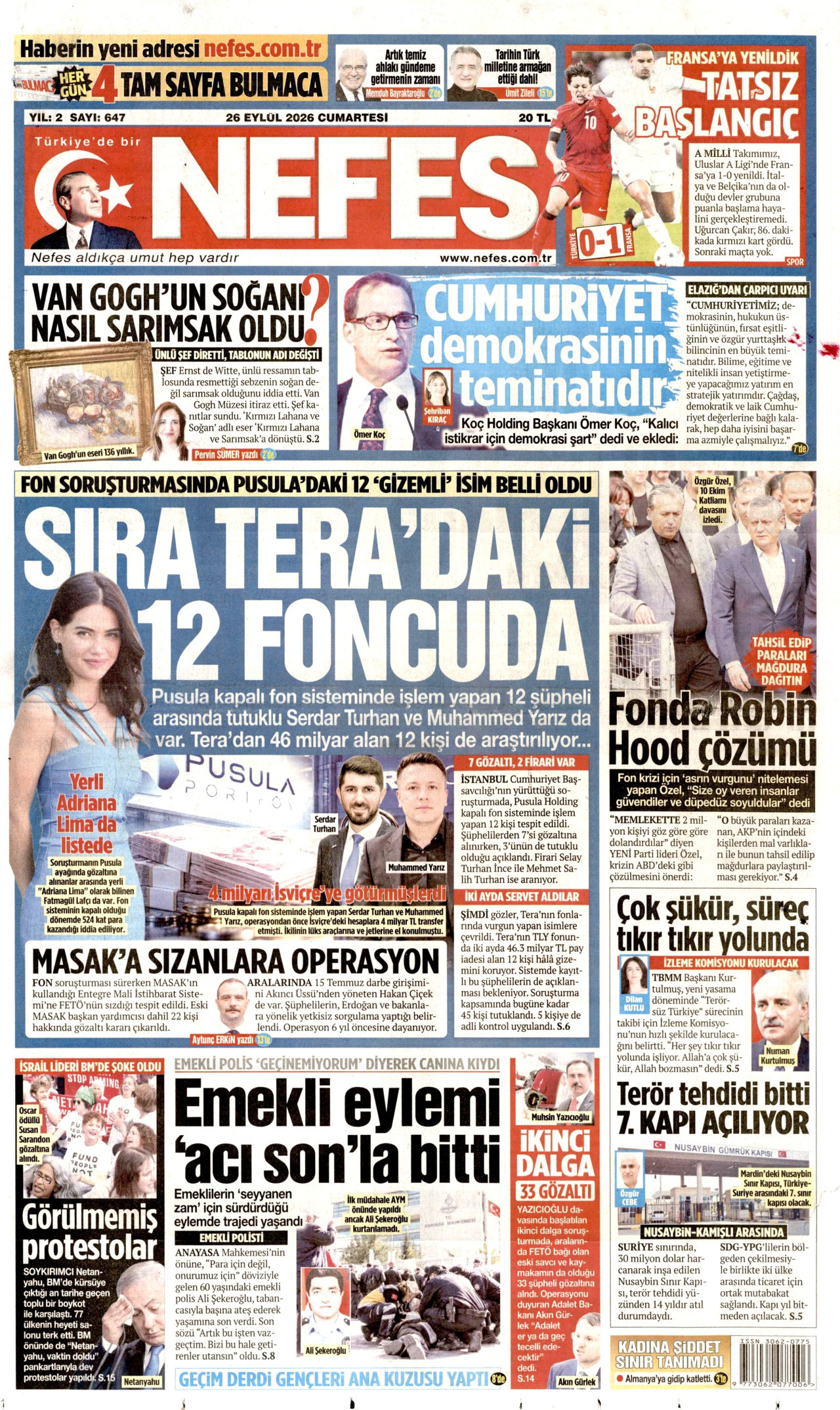 NEFES gazetesinin 26 Eylül 2026 tarihli birinci sayfası