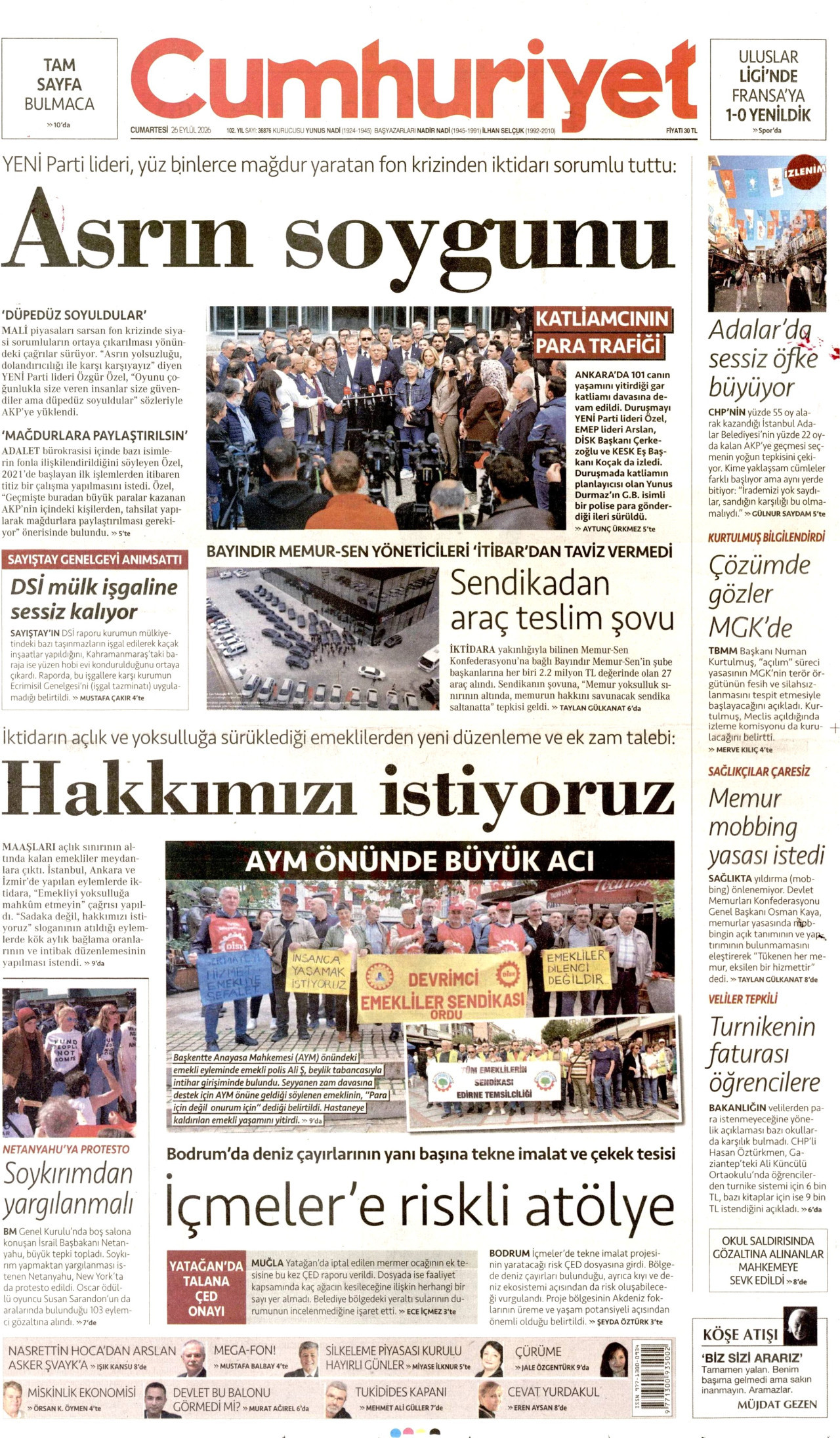 CUMHURİYET gazetesinin 26 Eylül 2026 tarihli birinci sayfası