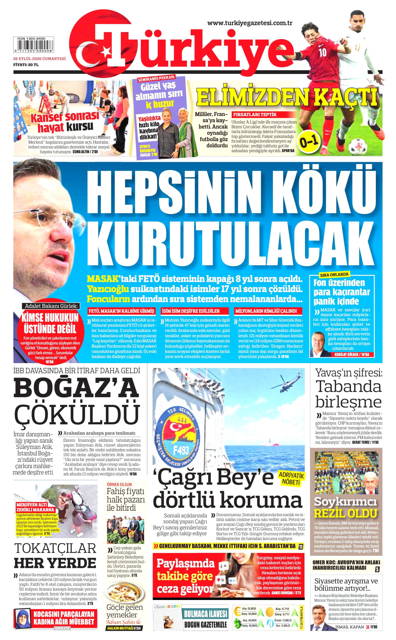 TÜRKİYE GAZETESİ gazetesinin 26 Eylül 2026 tarihli birinci sayfası
