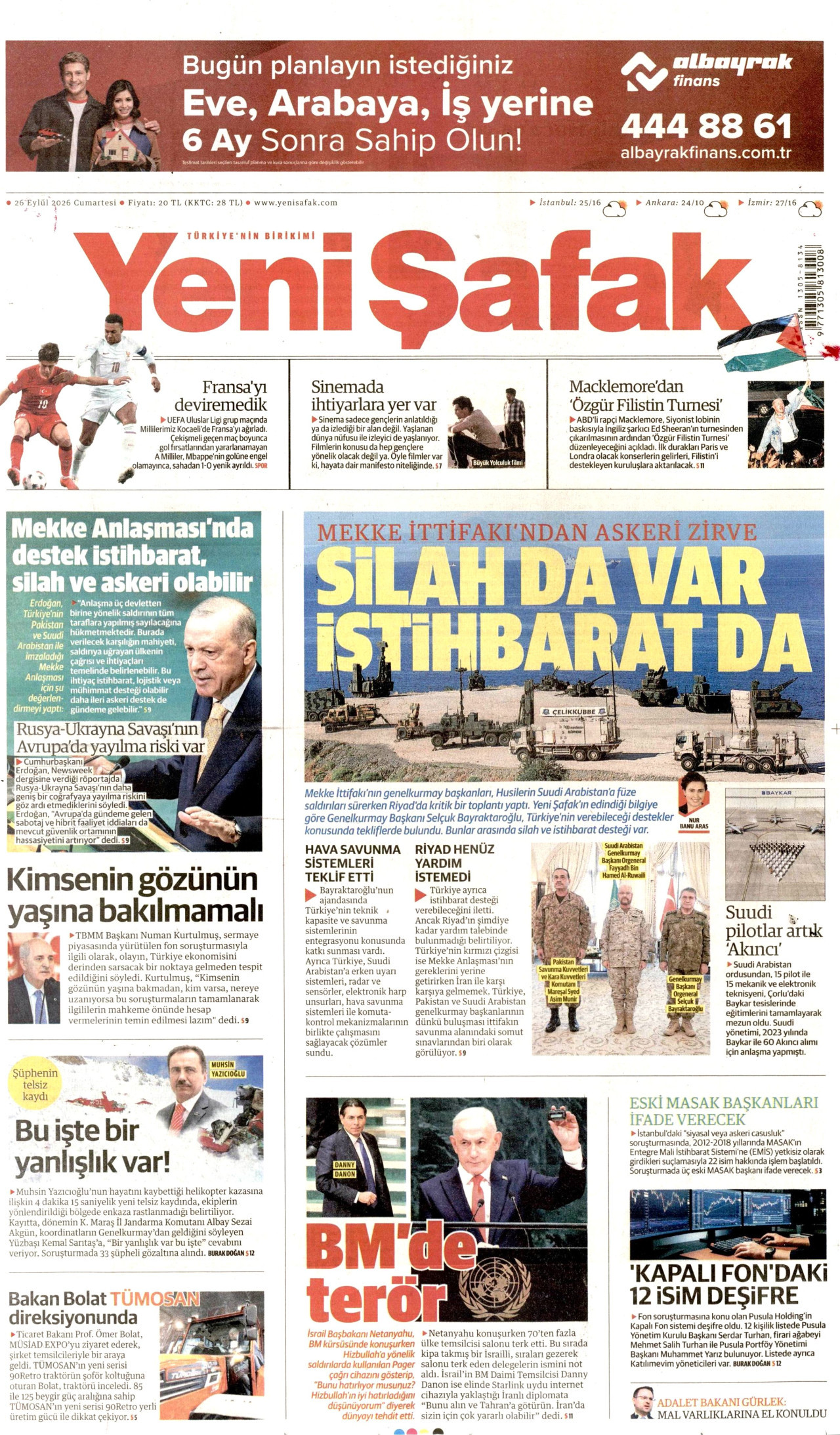 YENİ ŞAFAK gazetesinin 26 Eylül 2026 tarihli birinci sayfası
