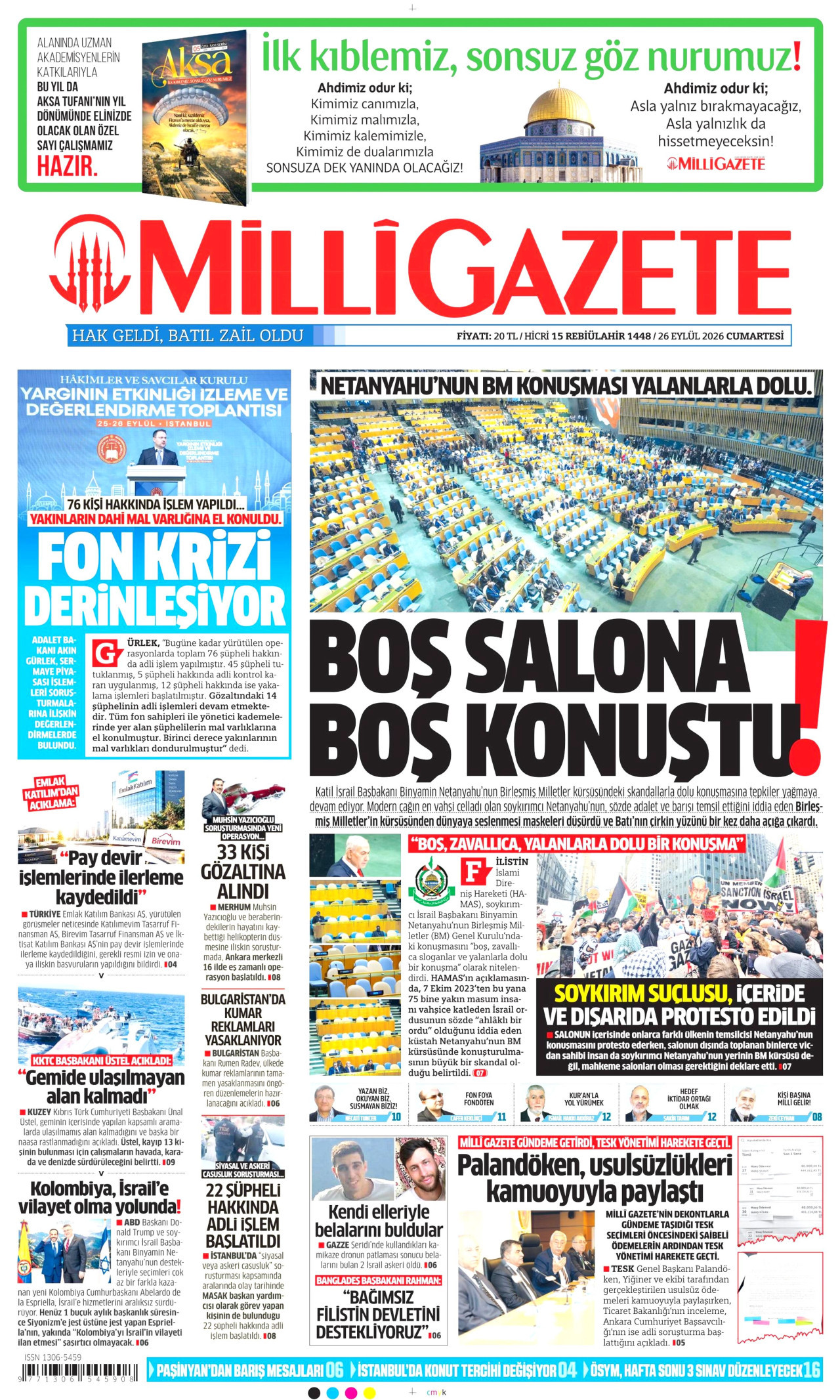 MİLLİ GAZETE gazetesinin 26 Eylül 2026 tarihli birinci sayfası