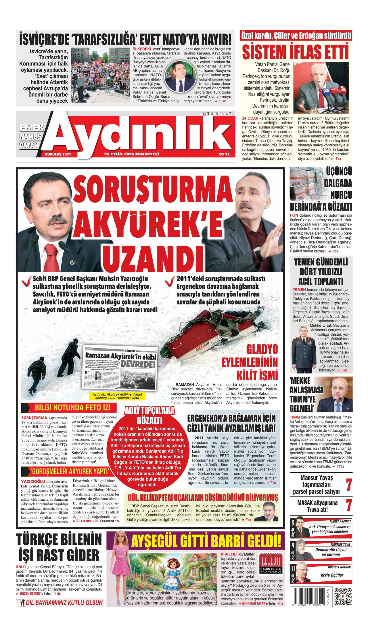 AYDINLIK GAZETESİ gazetesinin 26 Eylül 2026 tarihli birinci sayfası