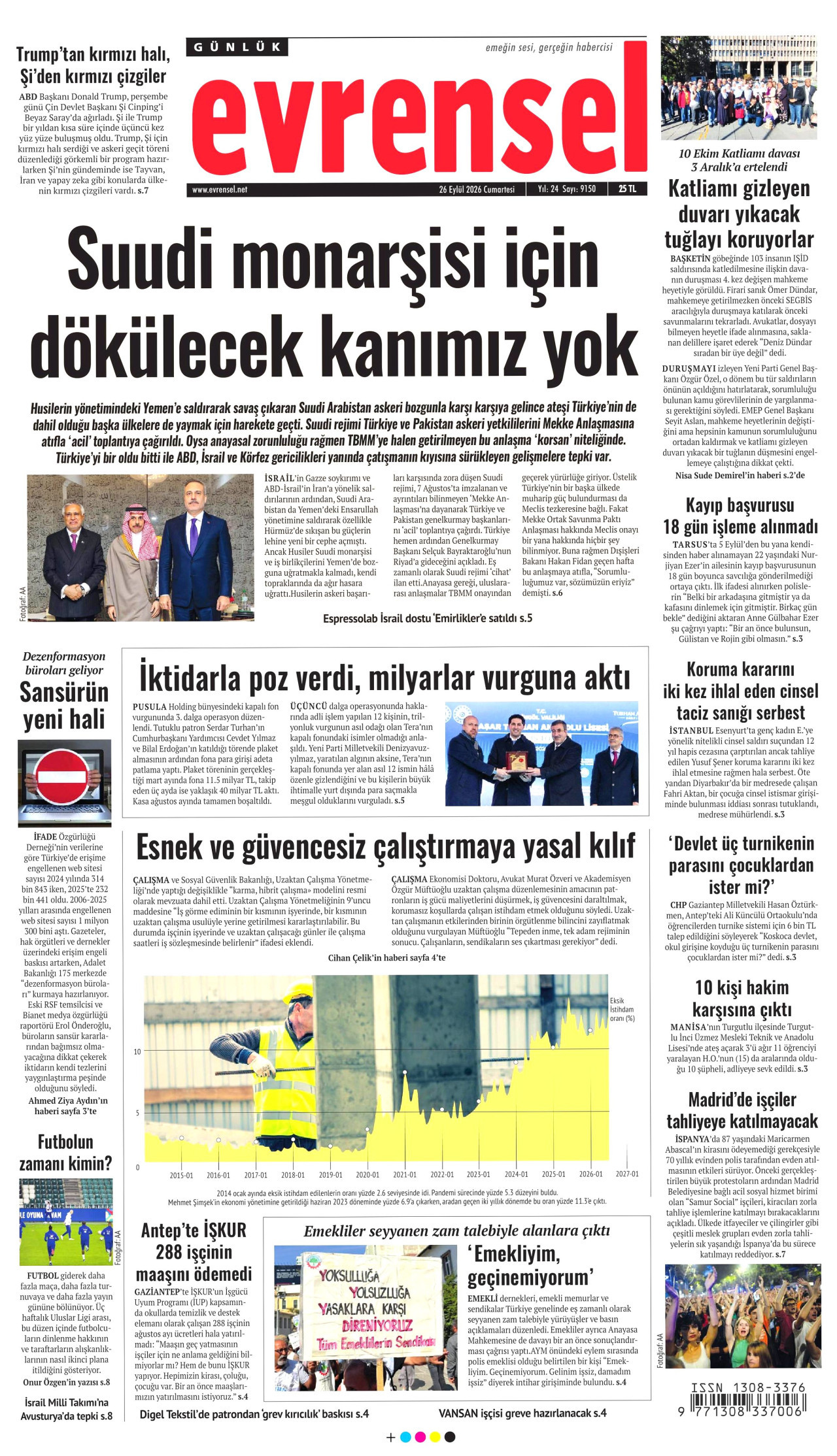 EVRENSEL gazetesinin 26 Eylül 2026 tarihli birinci sayfası