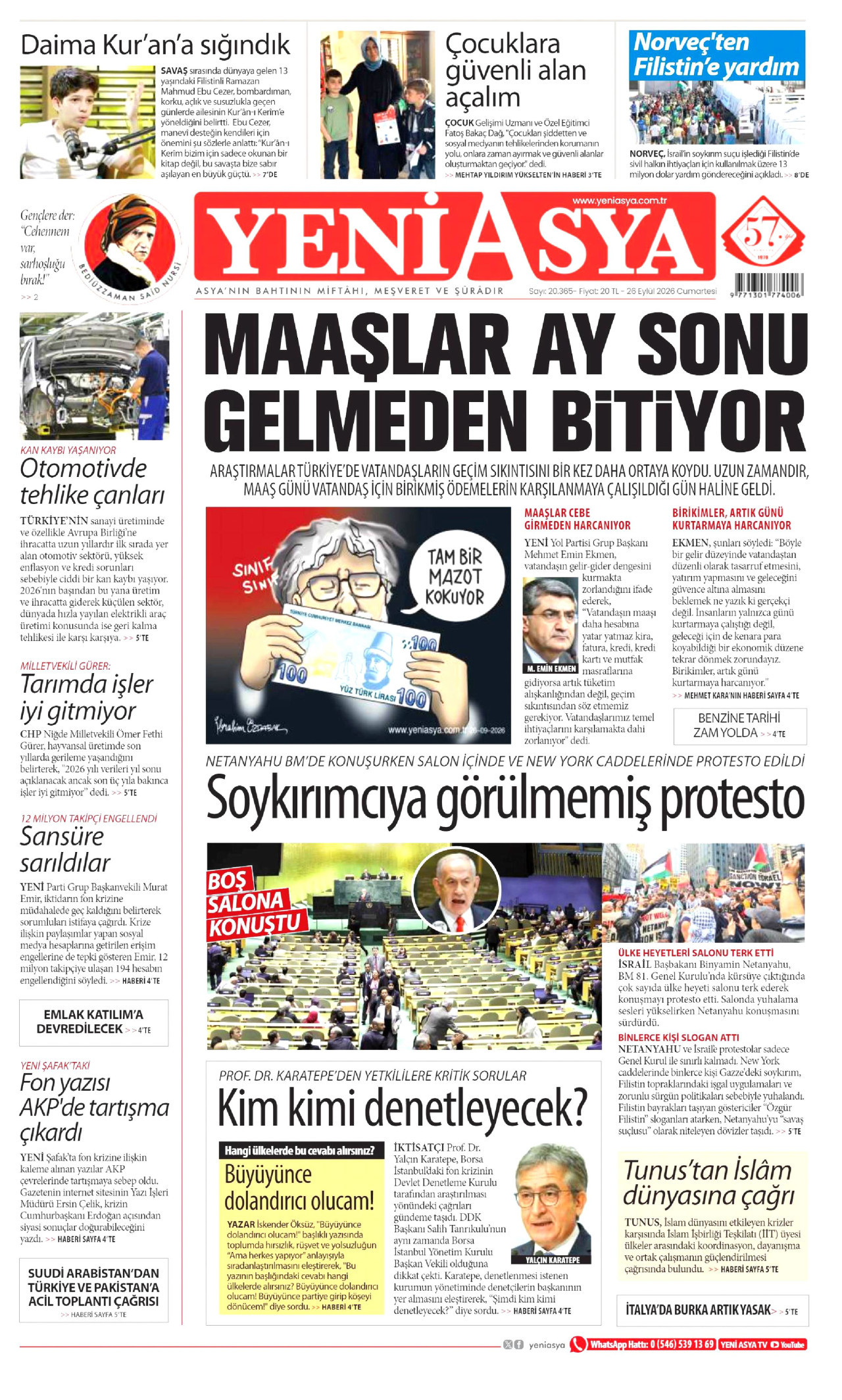 YENİ ASYA gazetesinin 26 Eylül 2026 tarihli birinci sayfası