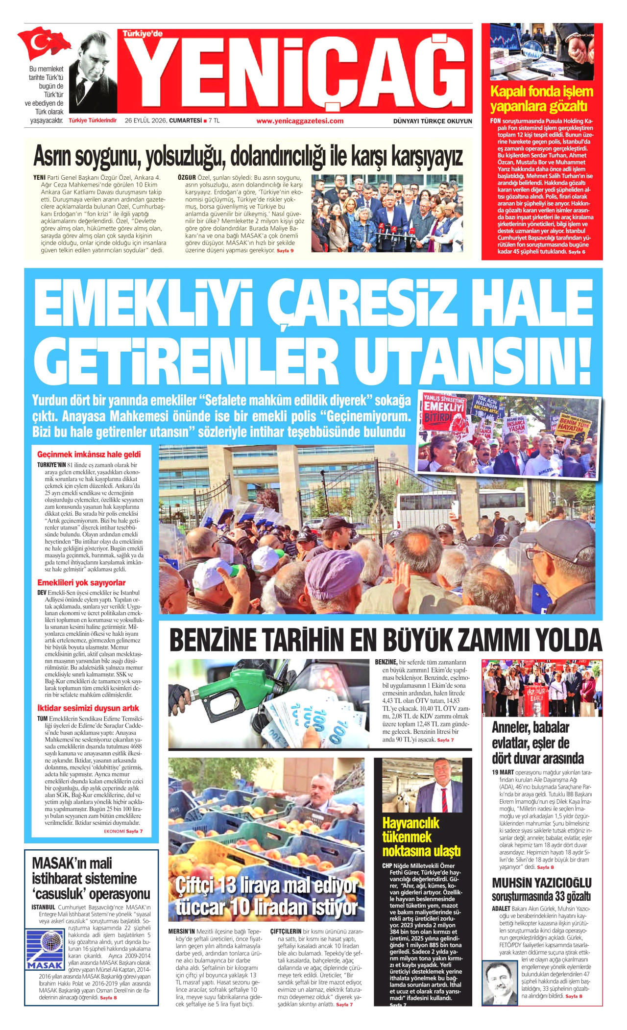YENİÇAĞ gazetesinin 26 Eylül 2026 tarihli birinci sayfası