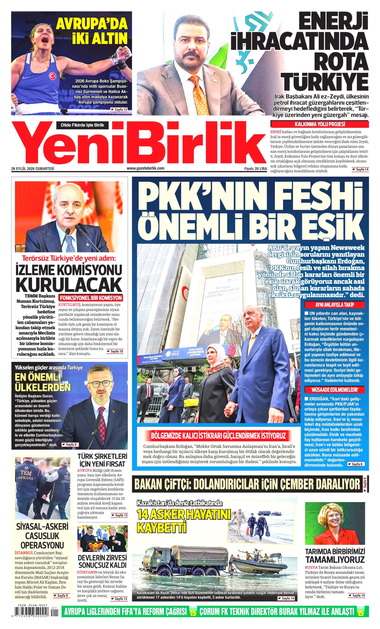 YENİBİRLİK gazetesinin 26 Eylül 2026 tarihli birinci sayfası