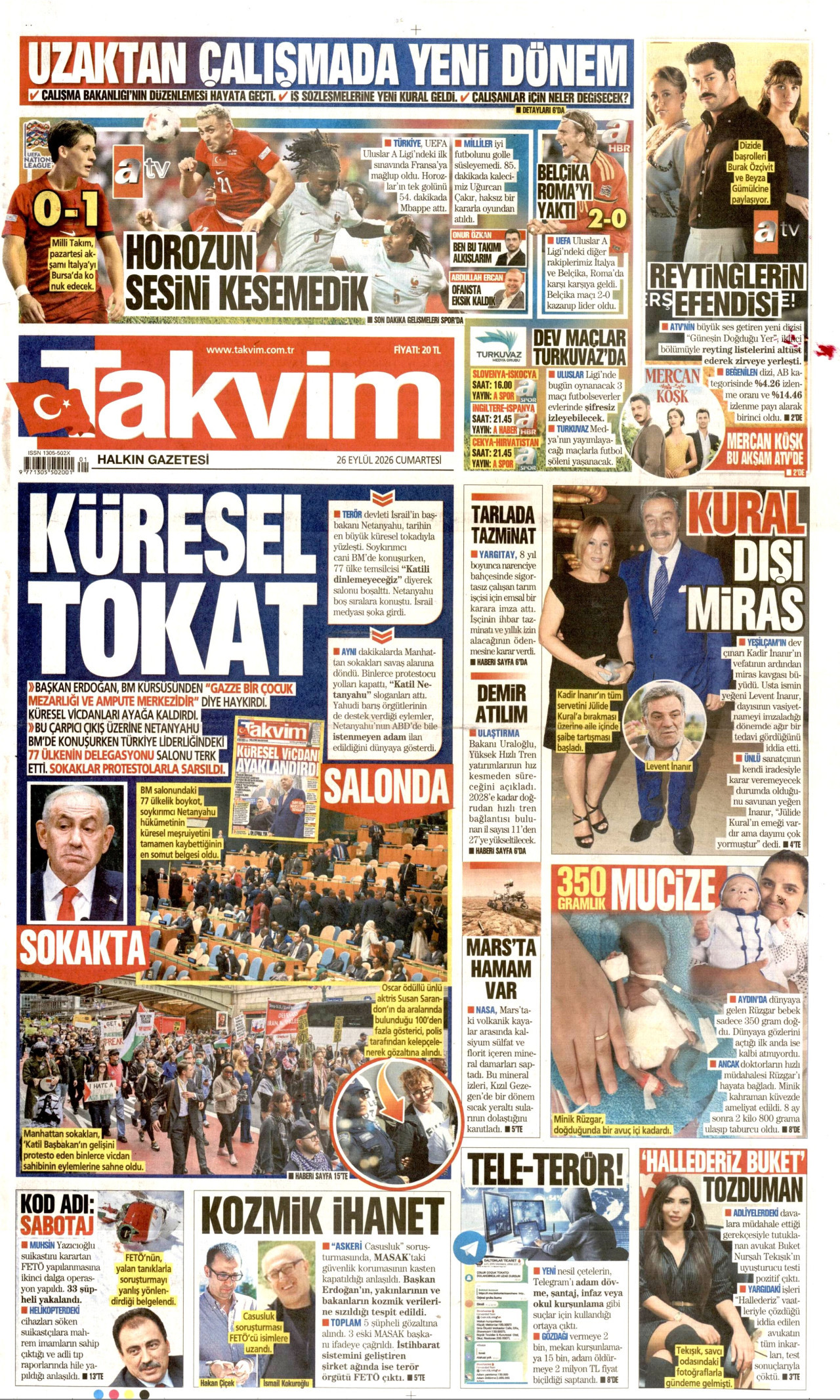 TAKVİM gazetesinin 26 Eylül 2026 tarihli birinci sayfası