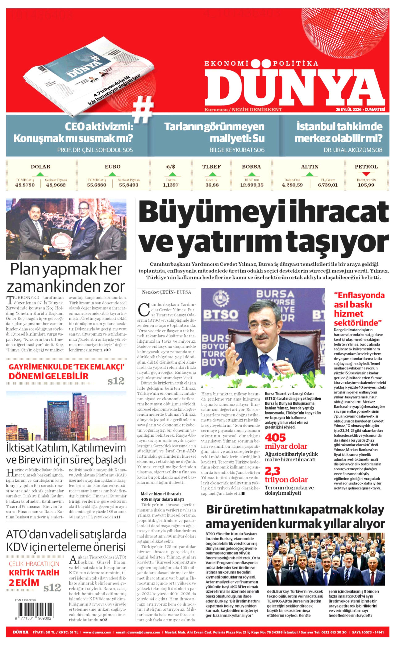DÜNYA gazetesinin 26 Eylül 2026 tarihli birinci sayfası