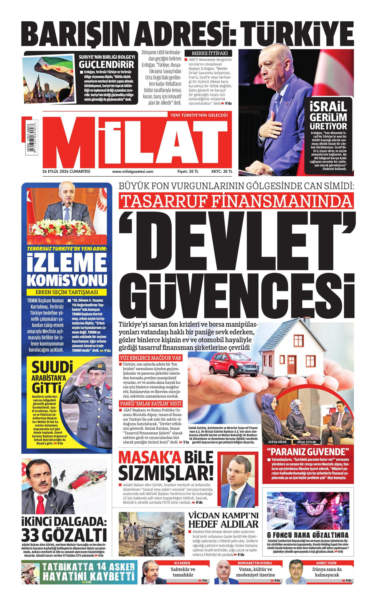 MİLAT gazetesinin 26 Eylül 2026 tarihli birinci sayfası