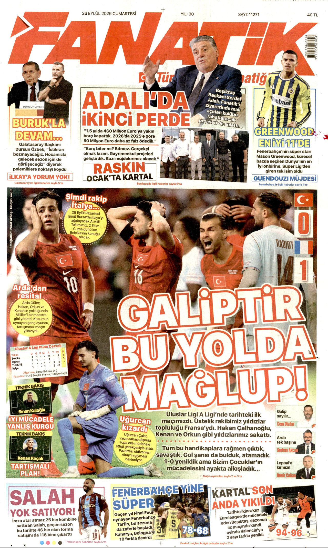 FANATİK gazetesinin 26 Eylül 2026 tarihli birinci sayfası