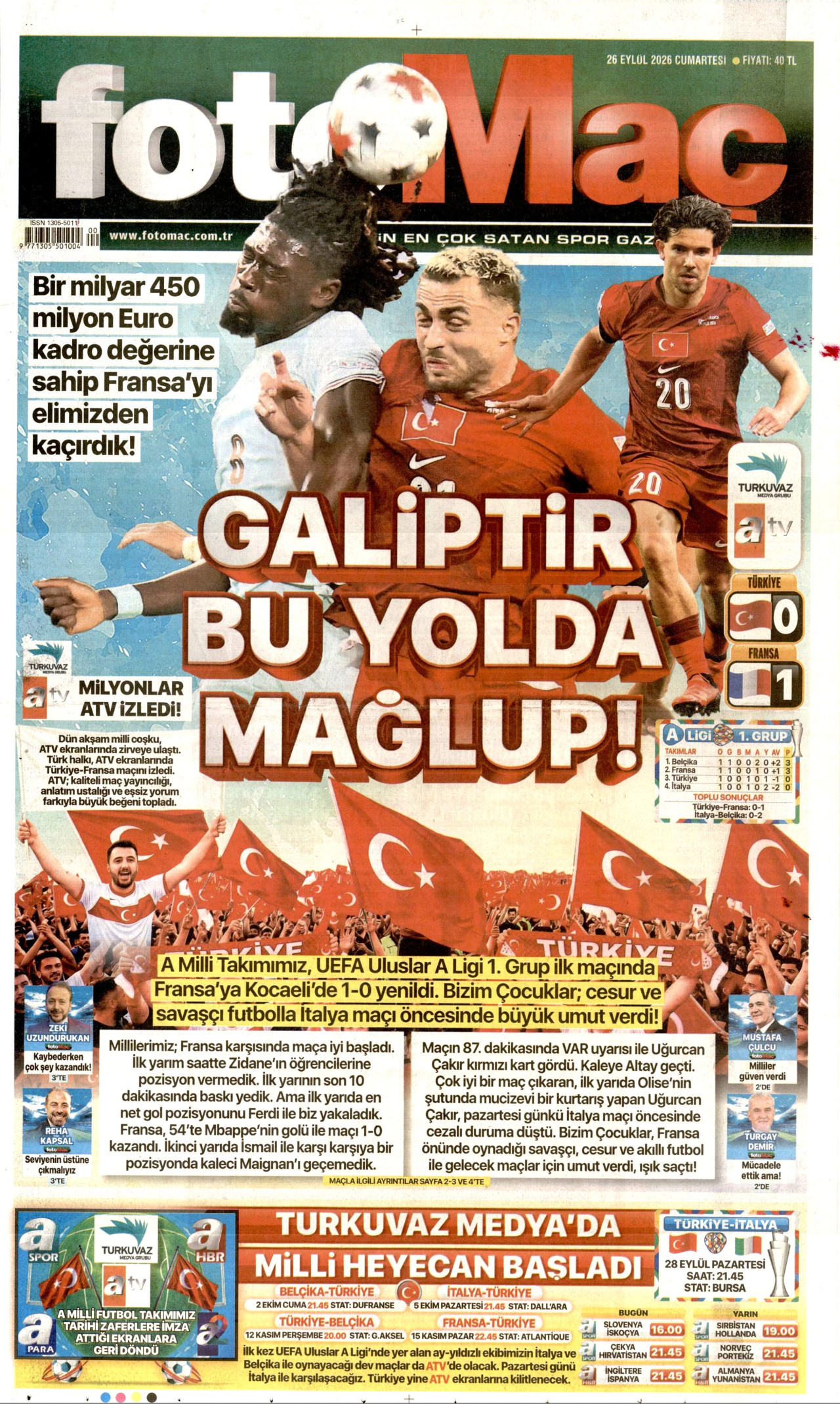 FOTOMAÇ gazetesinin 26 Eylül 2026 tarihli birinci sayfası