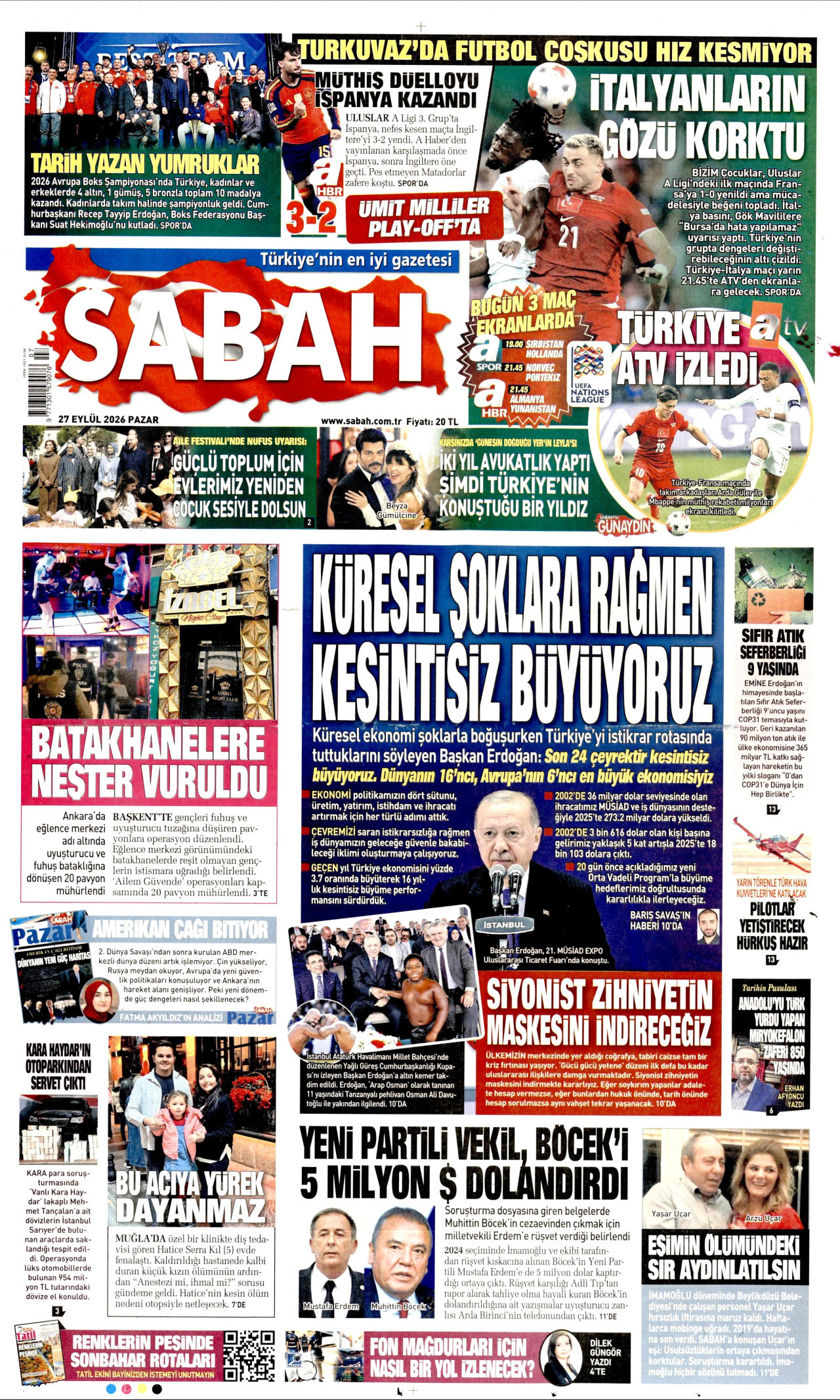 SABAH gazetesinin 27 Eylül 2026 tarihli birinci sayfası