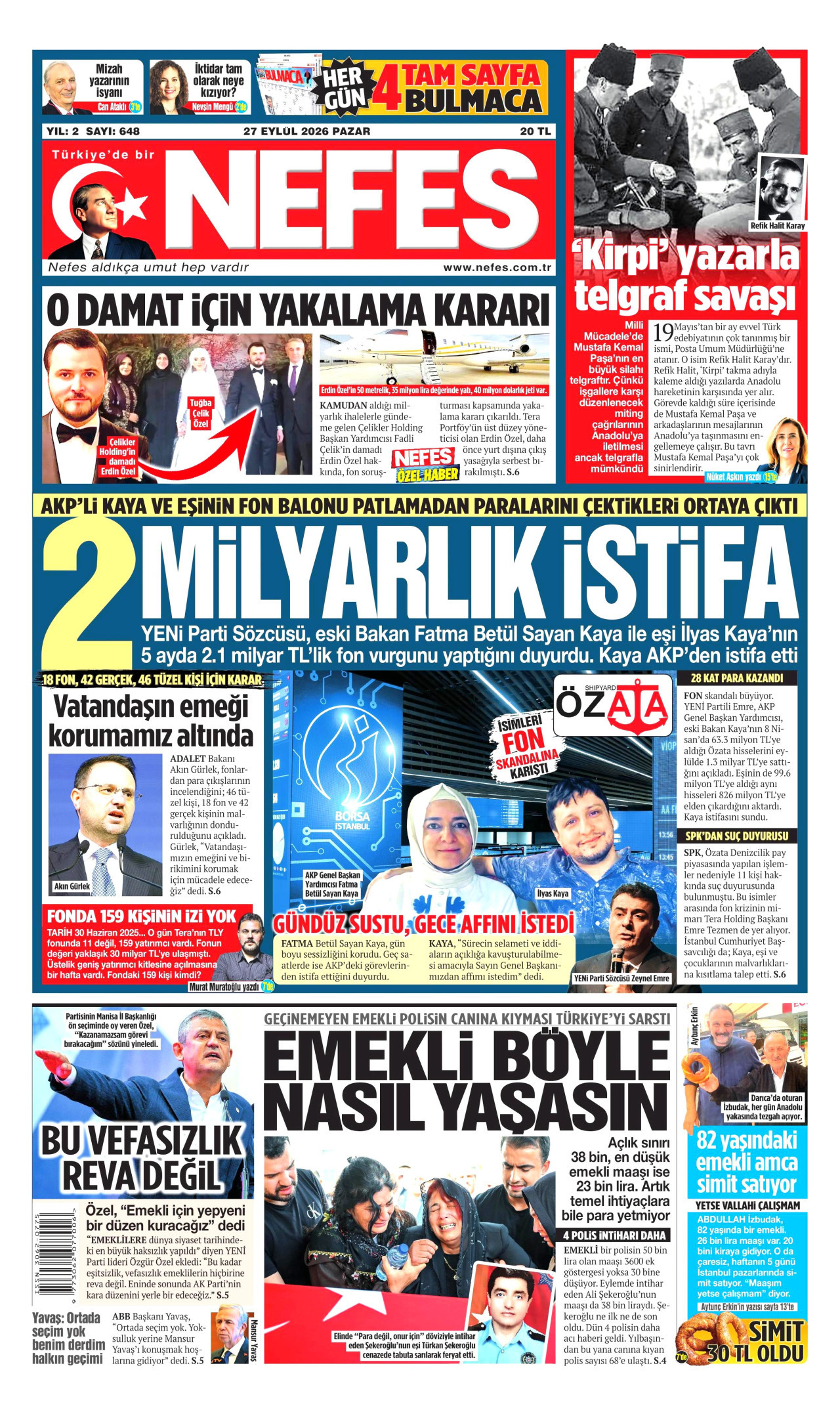 NEFES gazetesinin 27 Eylül 2026 tarihli birinci sayfası