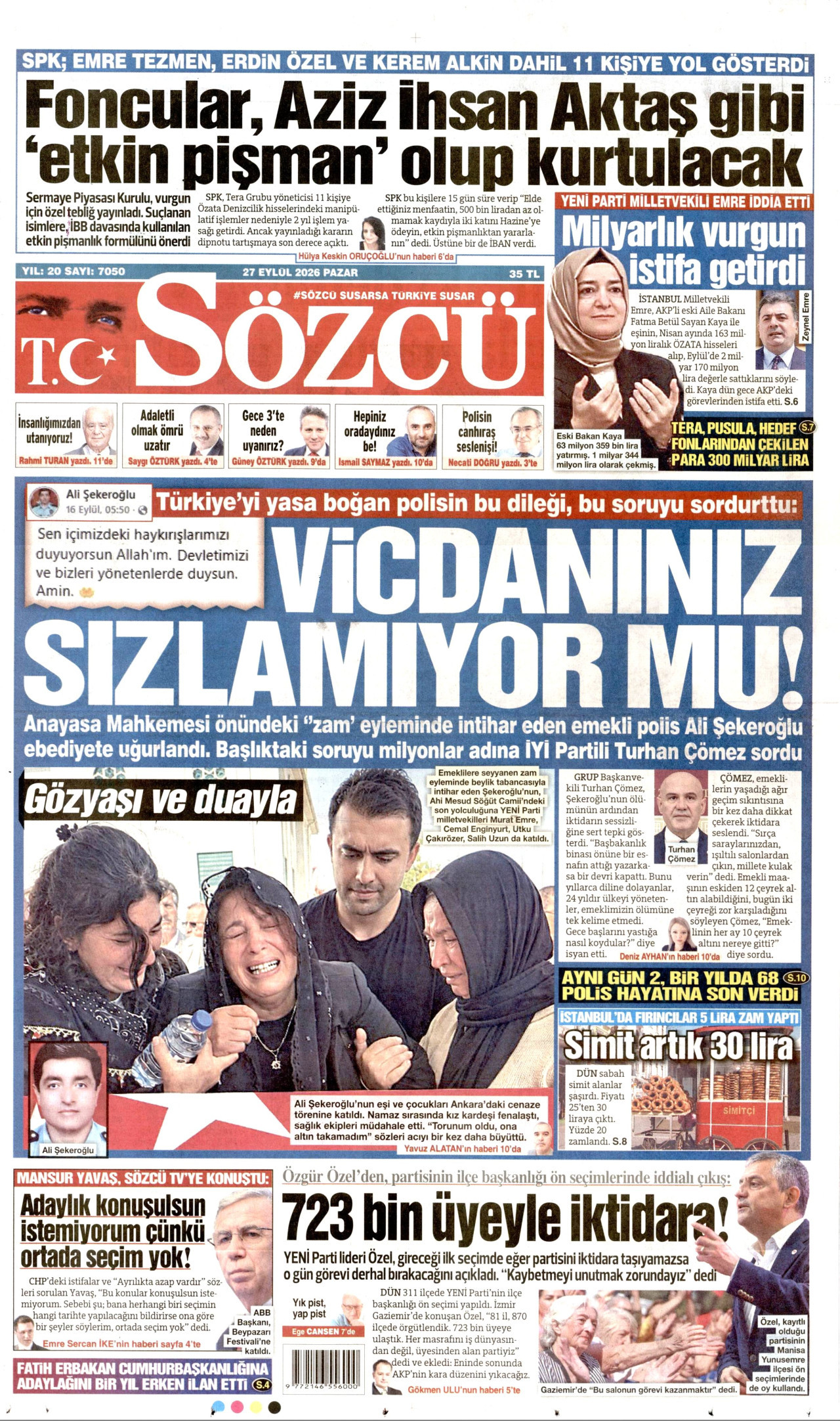 SÖZCÜ gazetesinin 27 Eylül 2026 tarihli birinci sayfası