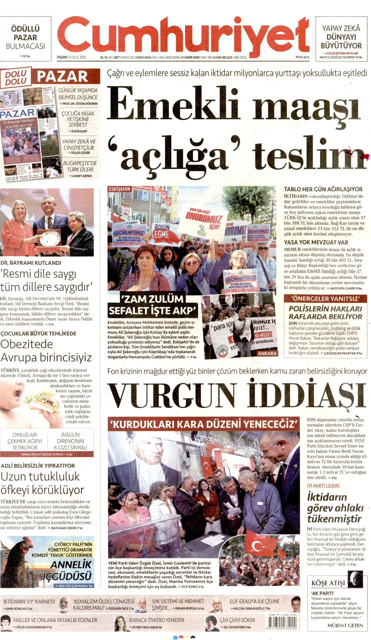 CUMHURİYET gazetesinin 27 Eylül 2026 tarihli birinci sayfası