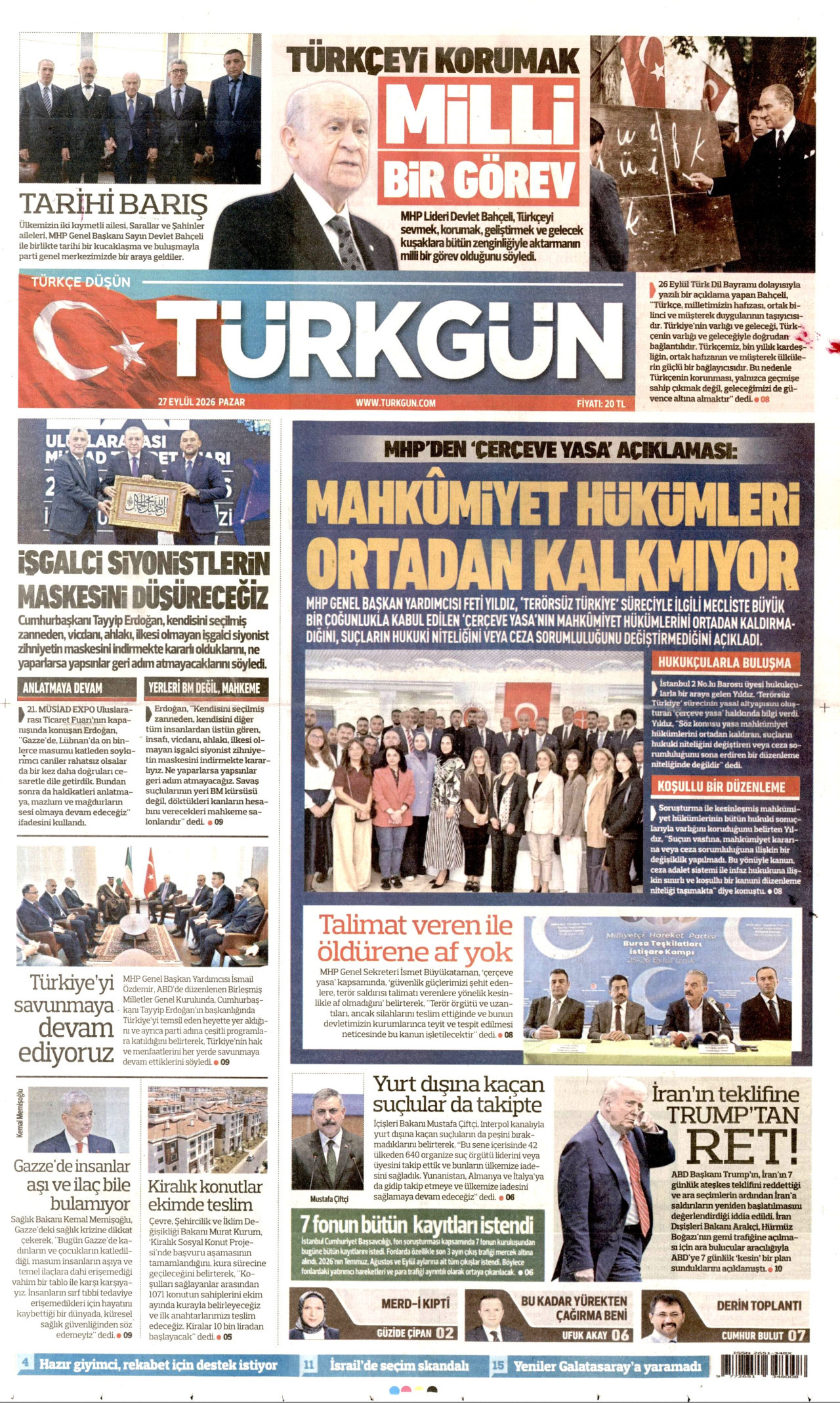 TÜRKGÜN gazetesinin 27 Eylül 2026 tarihli birinci sayfası