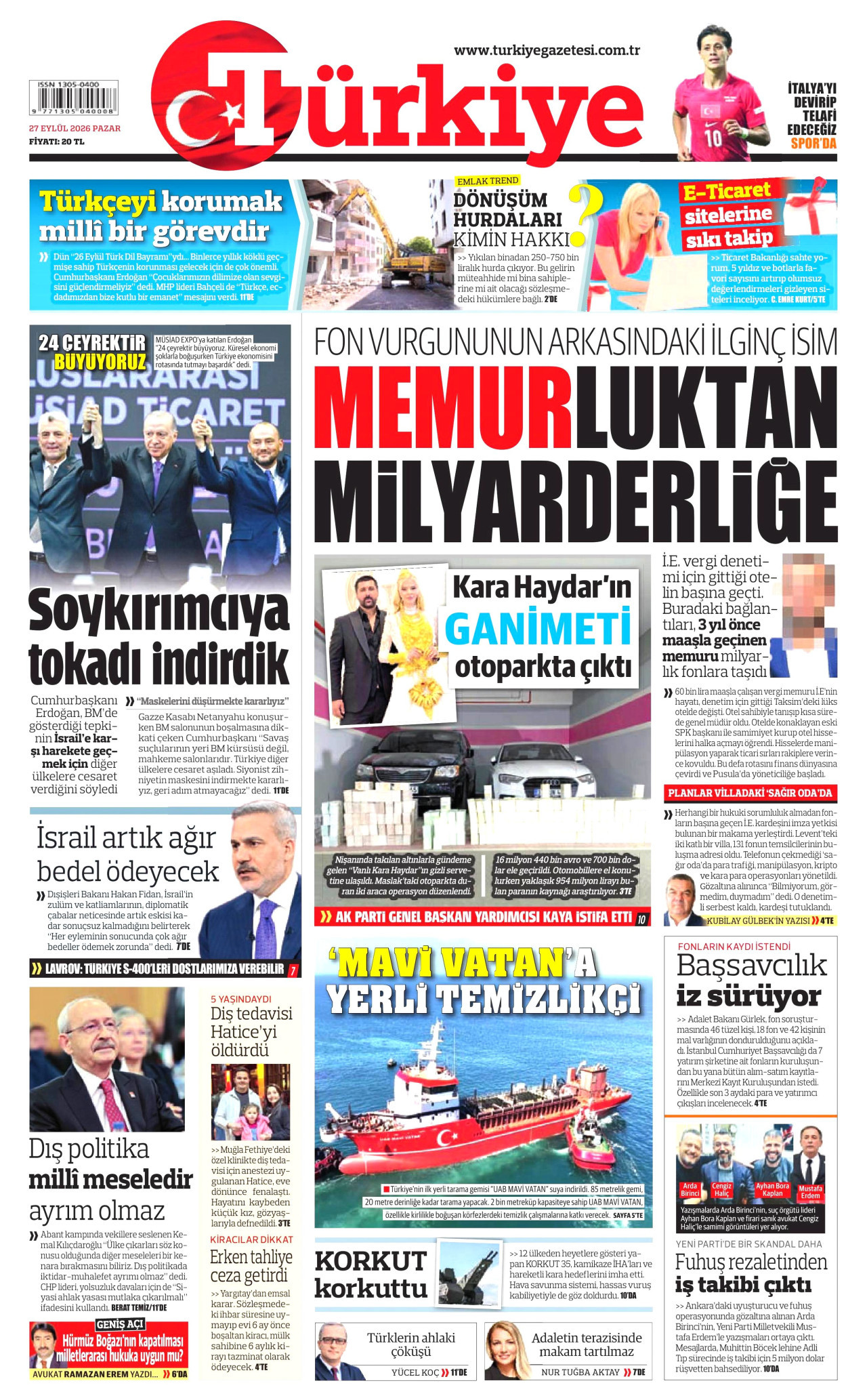 TÜRKİYE GAZETESİ gazetesinin 27 Eylül 2026 tarihli birinci sayfası