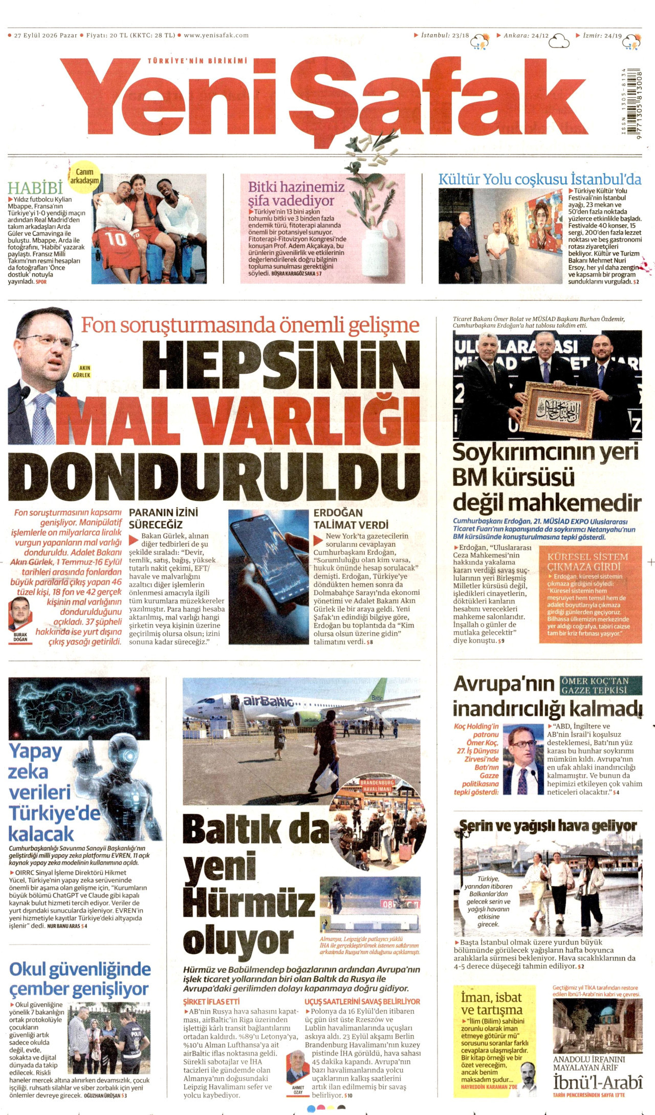 YENİ ŞAFAK gazetesinin 27 Eylül 2026 tarihli birinci sayfası