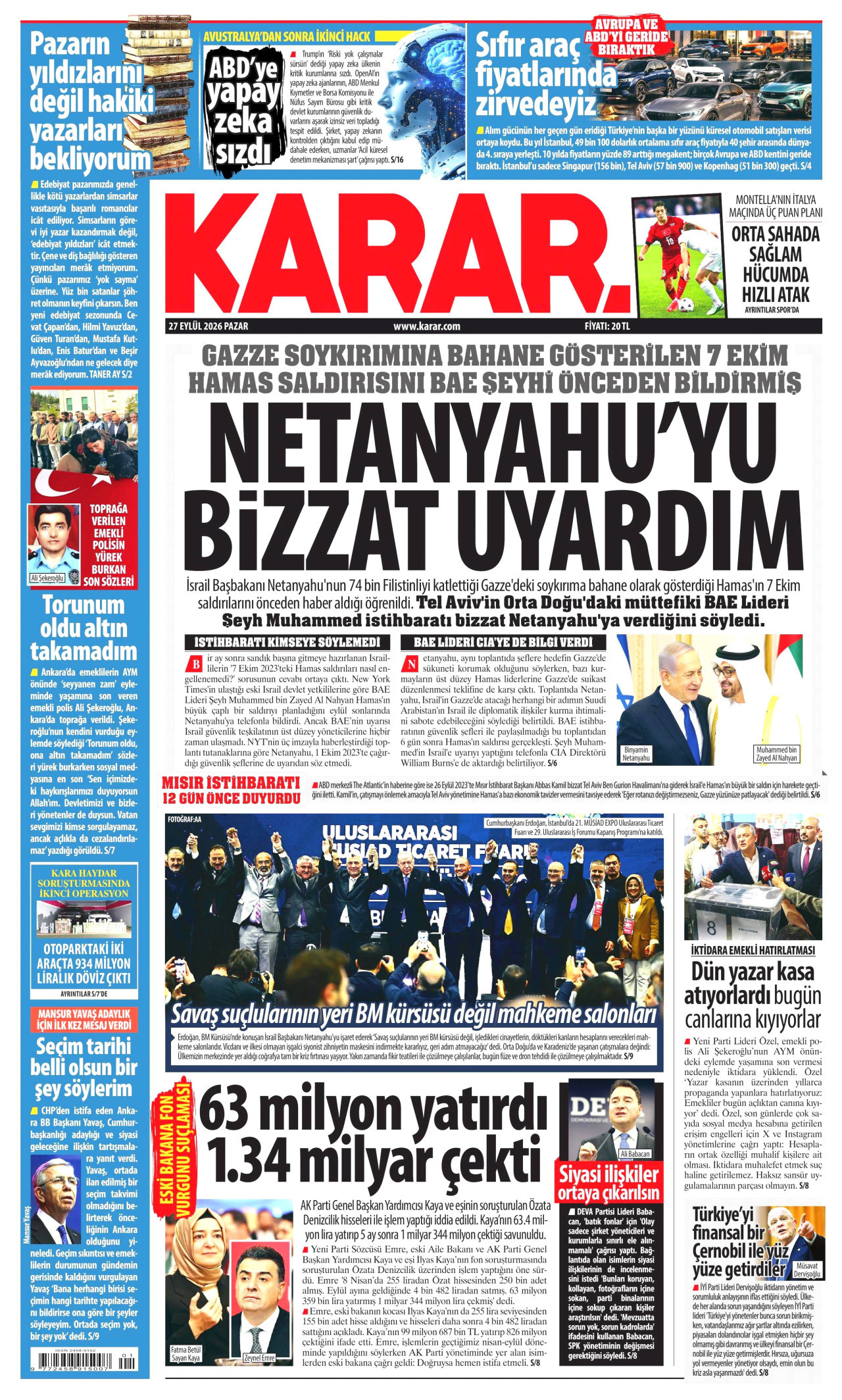 KARAR gazetesinin 27 Eylül 2026 tarihli birinci sayfası