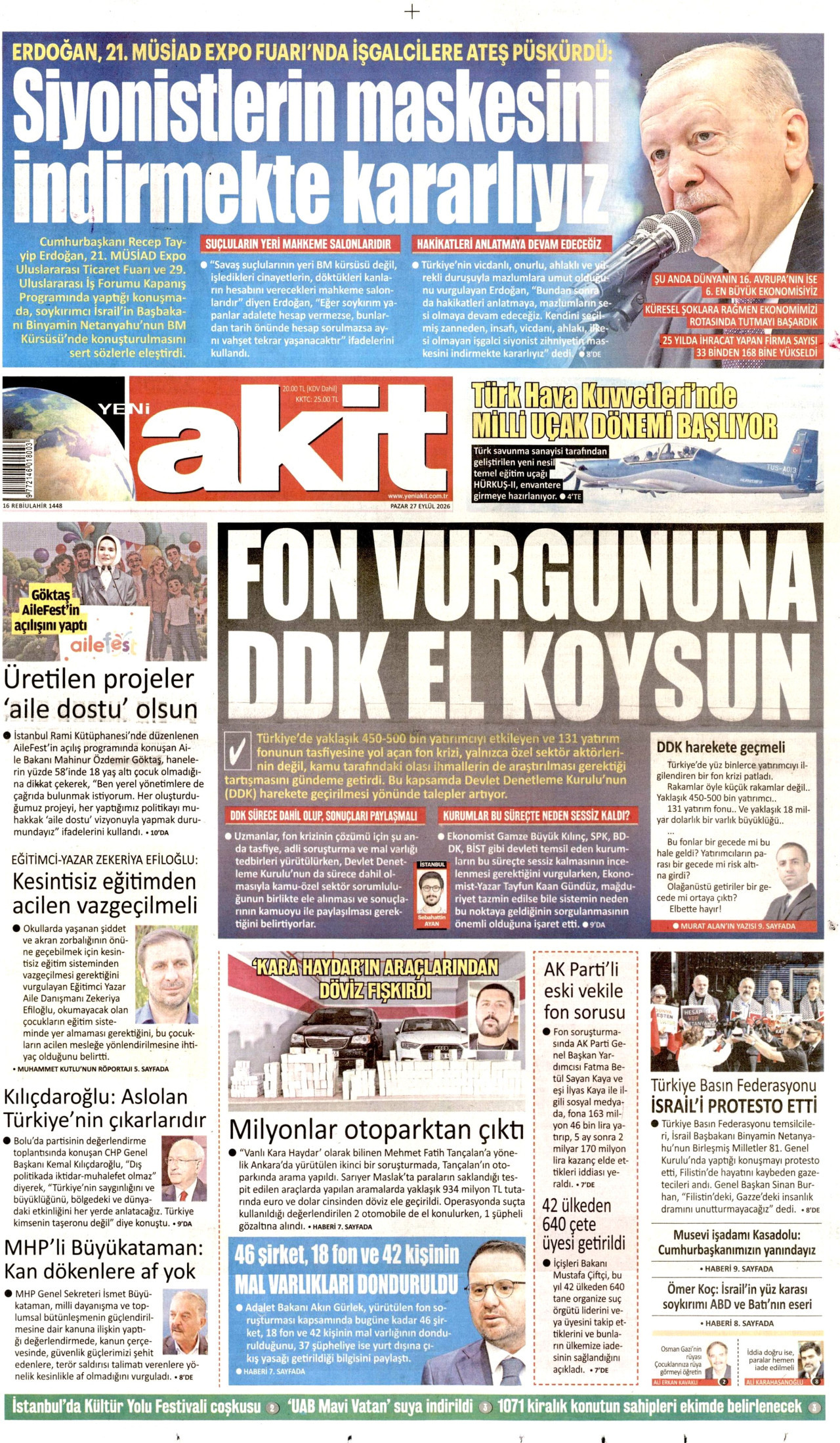 YENİ AKİT gazetesinin 27 Eylül 2026 tarihli birinci sayfası