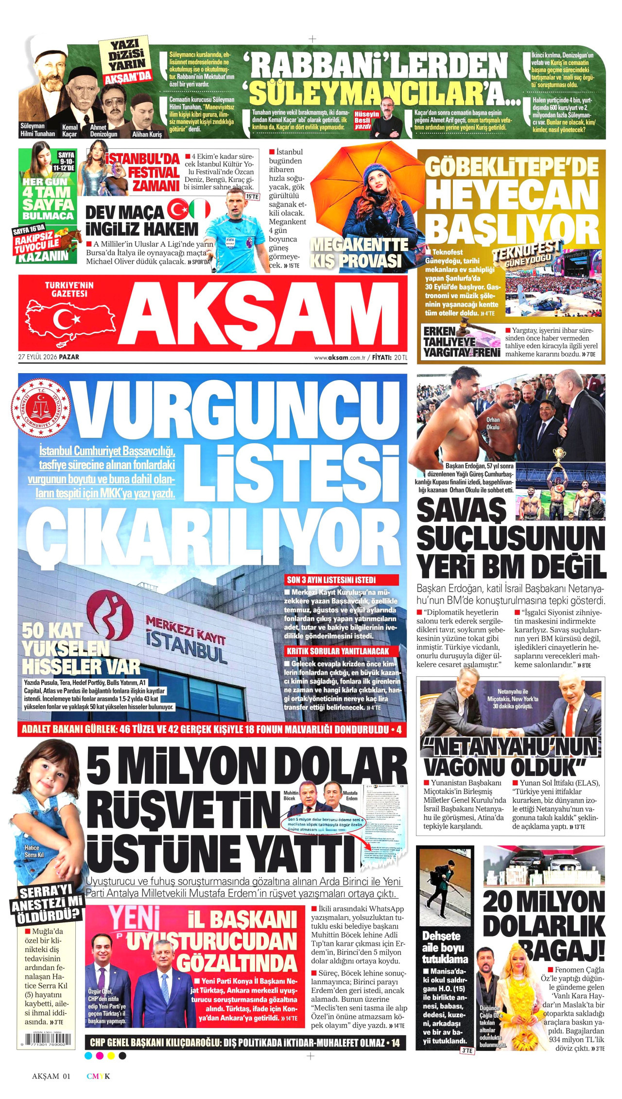 AKŞAM gazetesinin 27 Eylül 2026 tarihli birinci sayfası