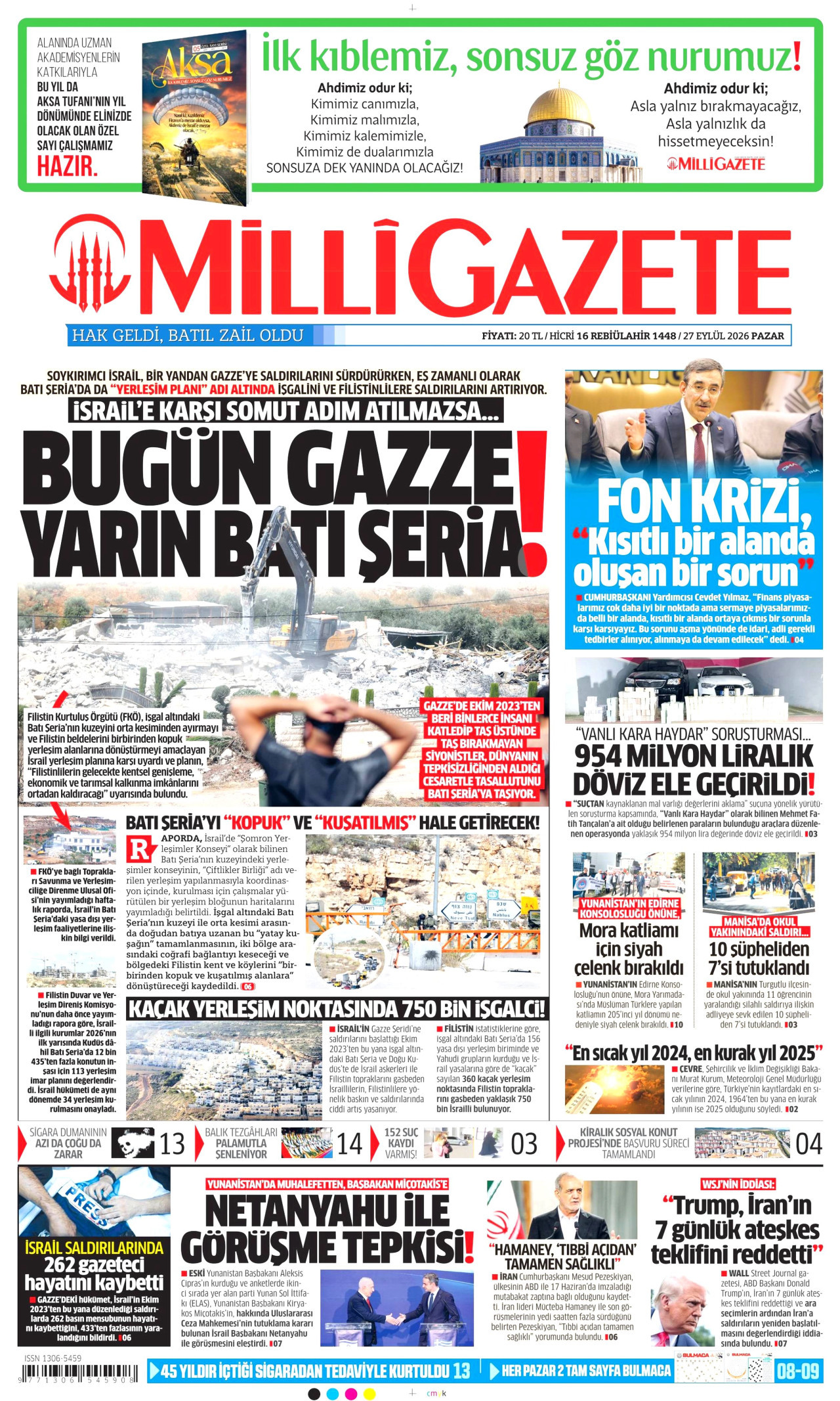 MİLLİ GAZETE gazetesinin 27 Eylül 2026 tarihli birinci sayfası