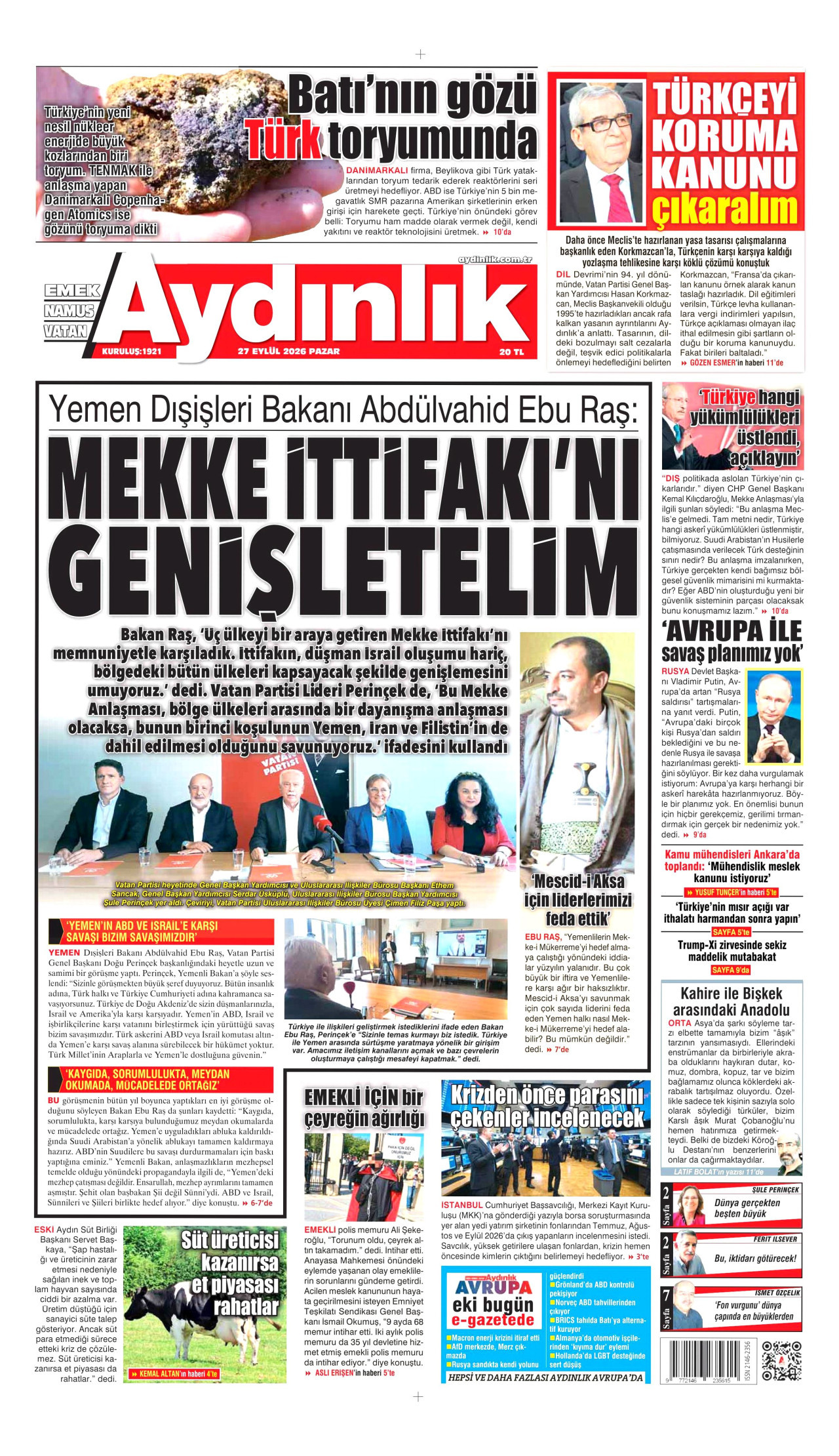 AYDINLIK GAZETESİ gazetesinin 27 Eylül 2026 tarihli birinci sayfası