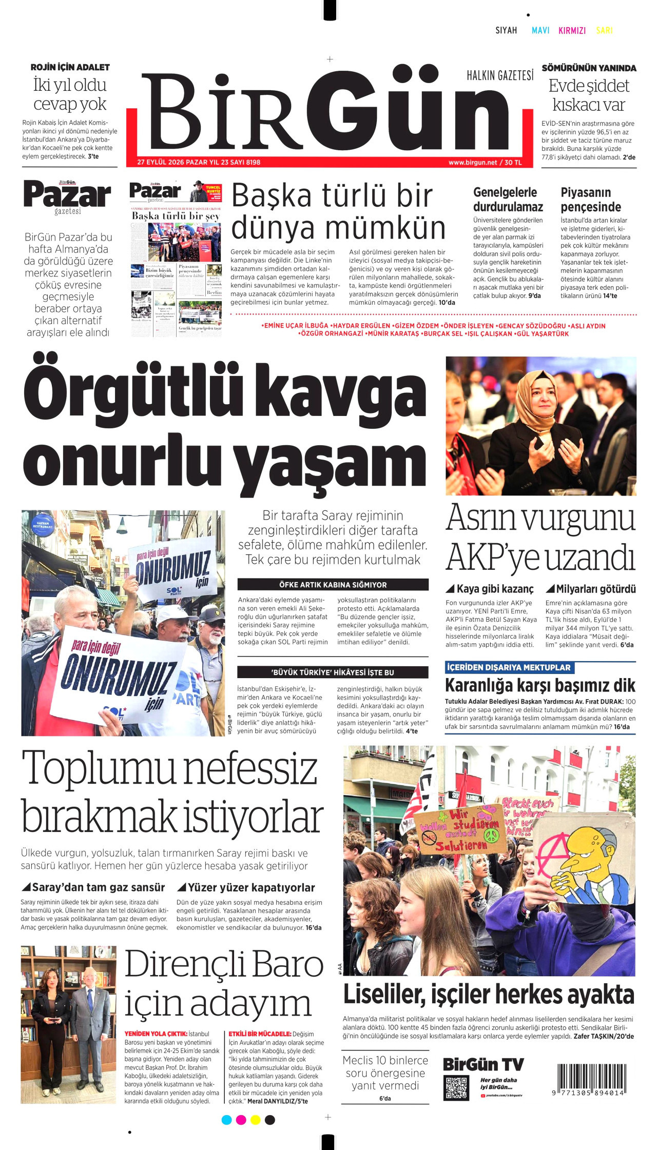 BİRGÜN gazetesinin 27 Eylül 2026 tarihli birinci sayfası